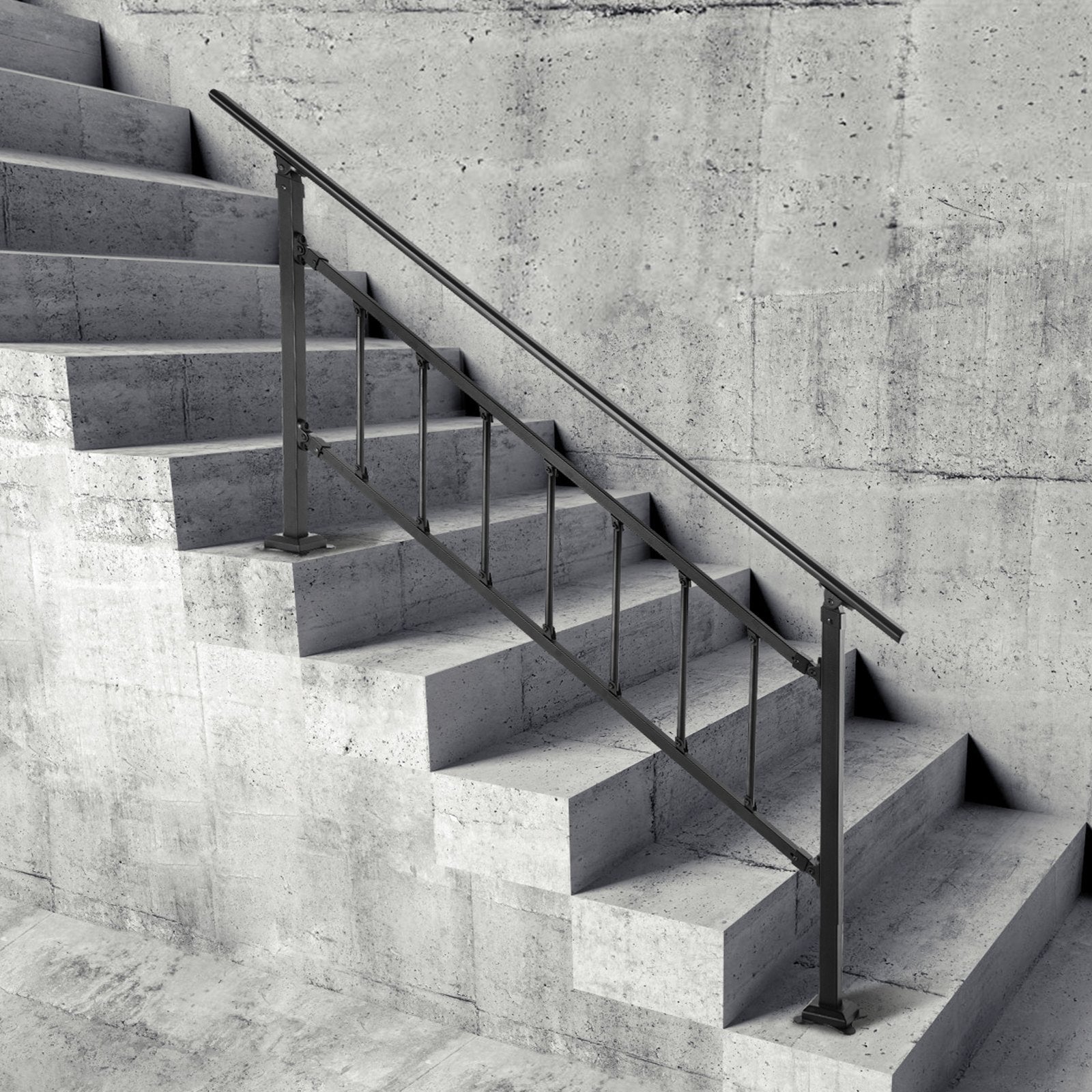 Iron Handrail Stair Railing Hand Rail Kit 1-4 Steps Outdoor Black w/ Bars