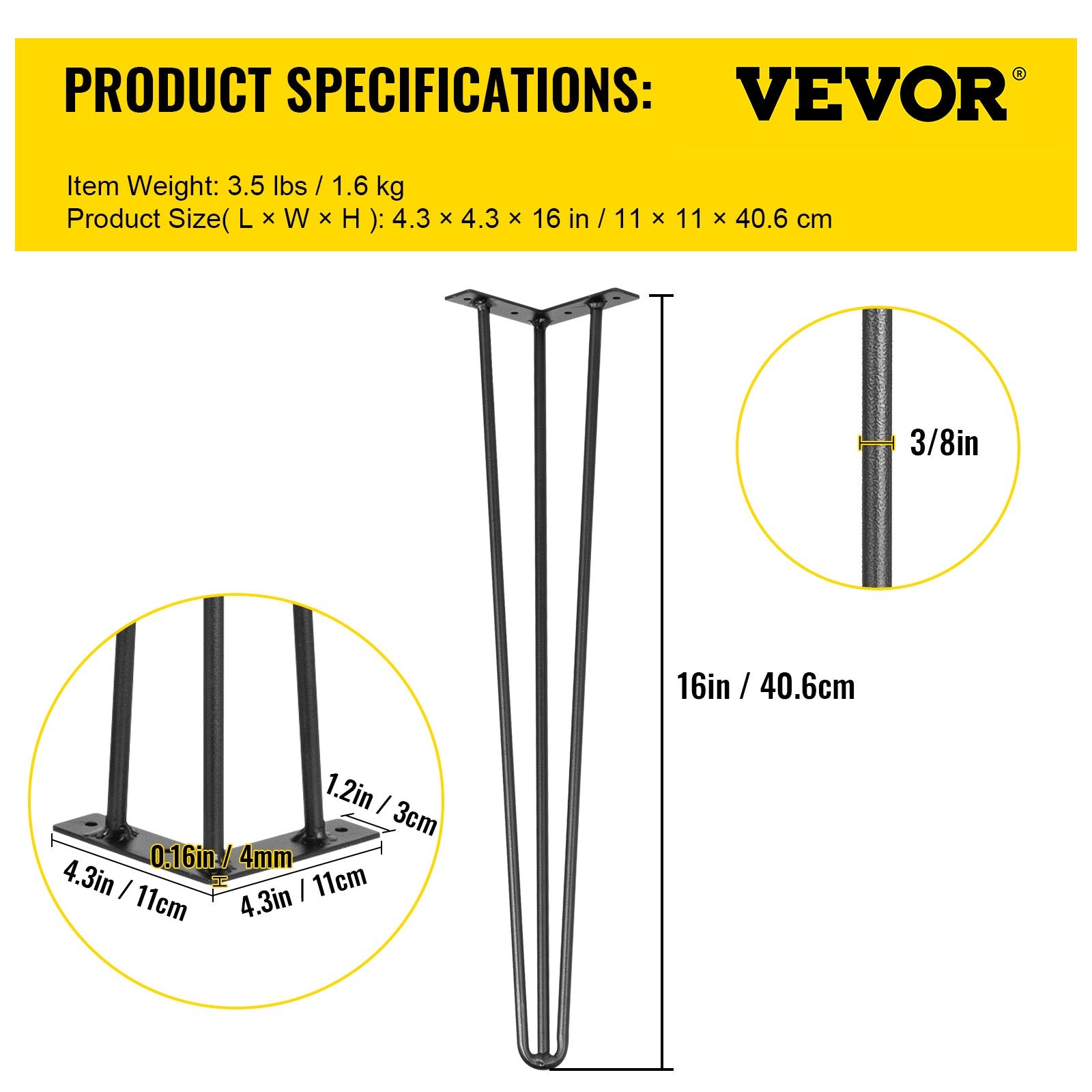 Hairpin Table Legs 16 Inch Black Set of 4 220LBS 3-Rod Carbon Steel DIY Legs