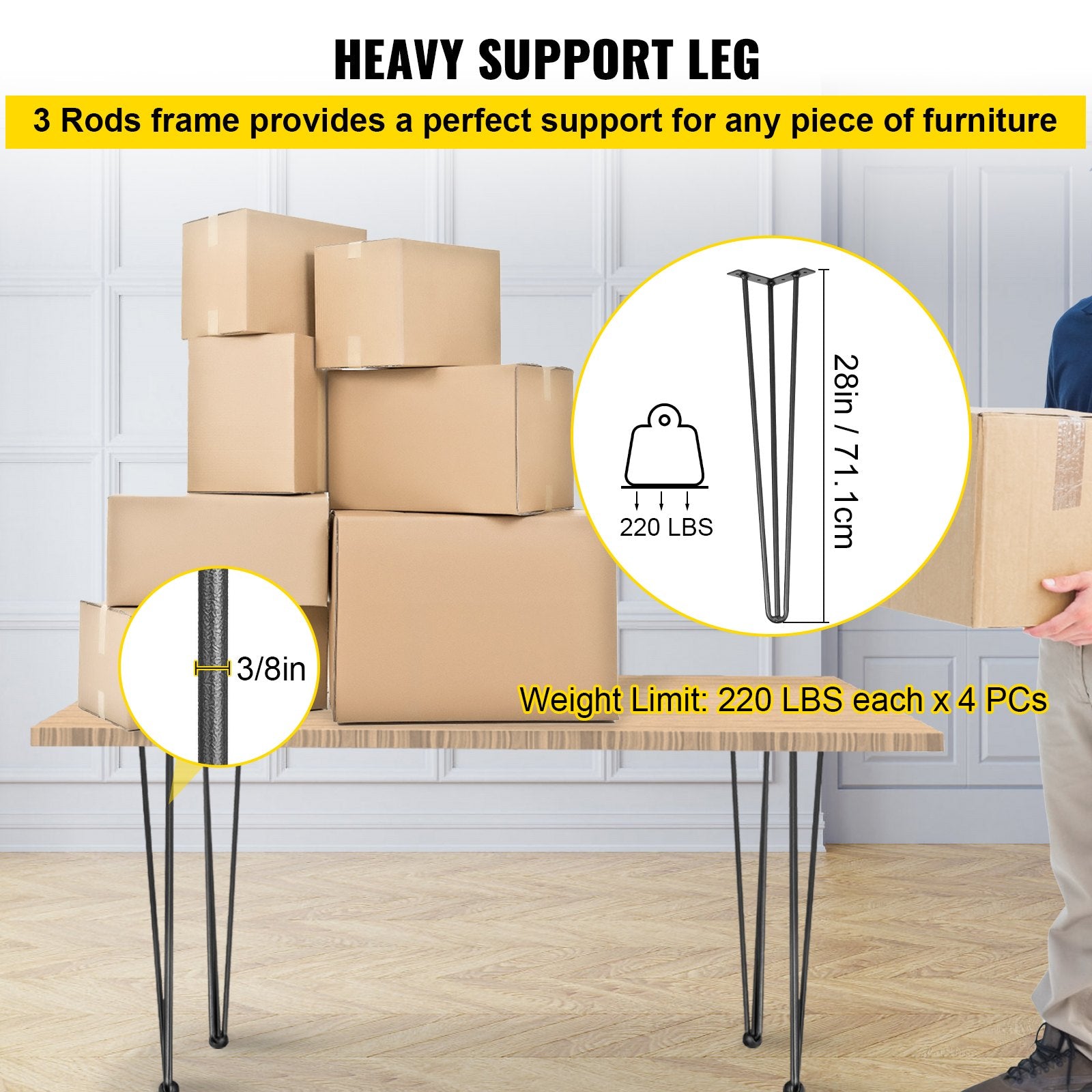 Hairpin Table Legs 28in Black Set of 4 220lbs 3-Rod Carbon Steel DIY Furniture