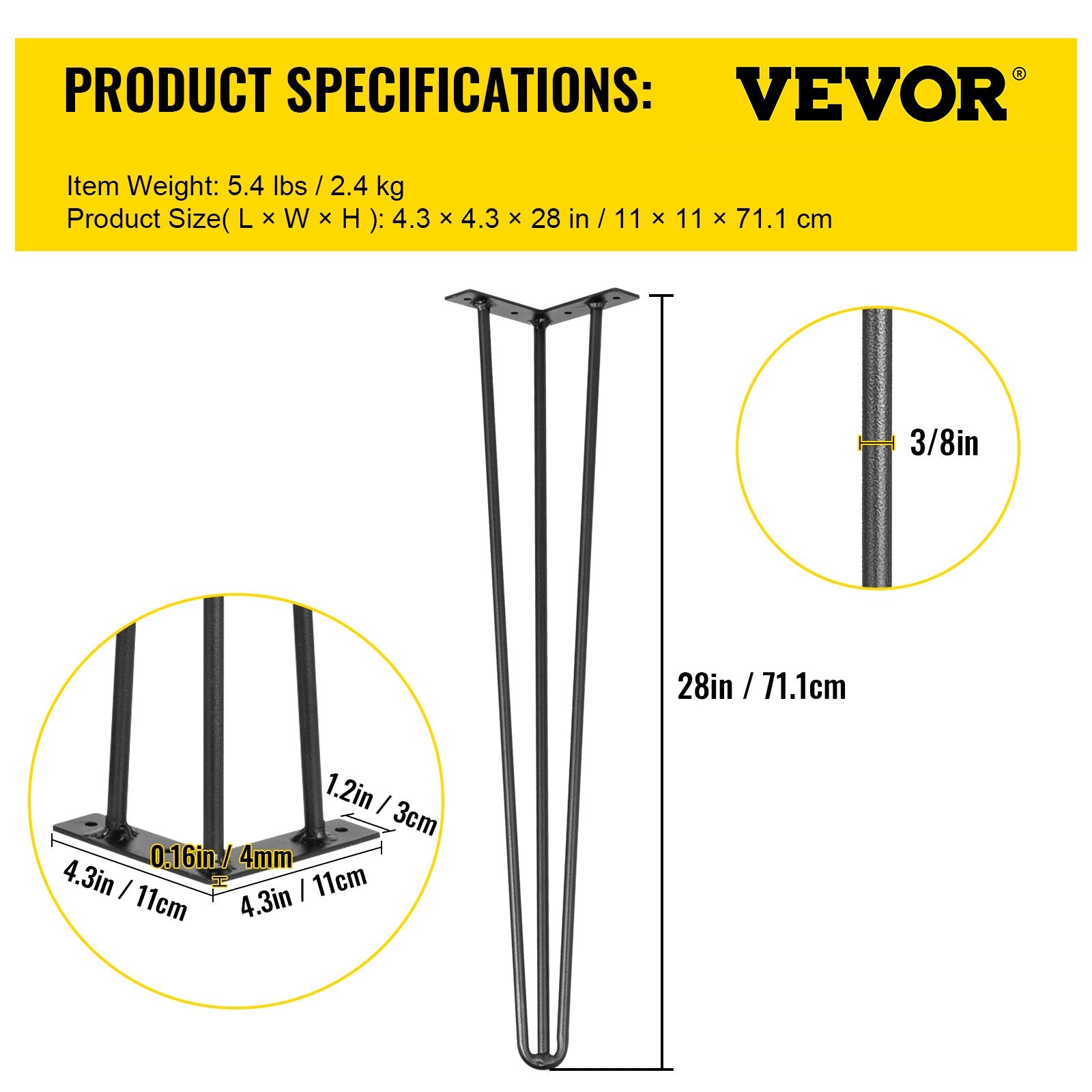 Hairpin Table Legs 28in Black Set of 4 220lbs 3-Rod Carbon Steel DIY Furniture
