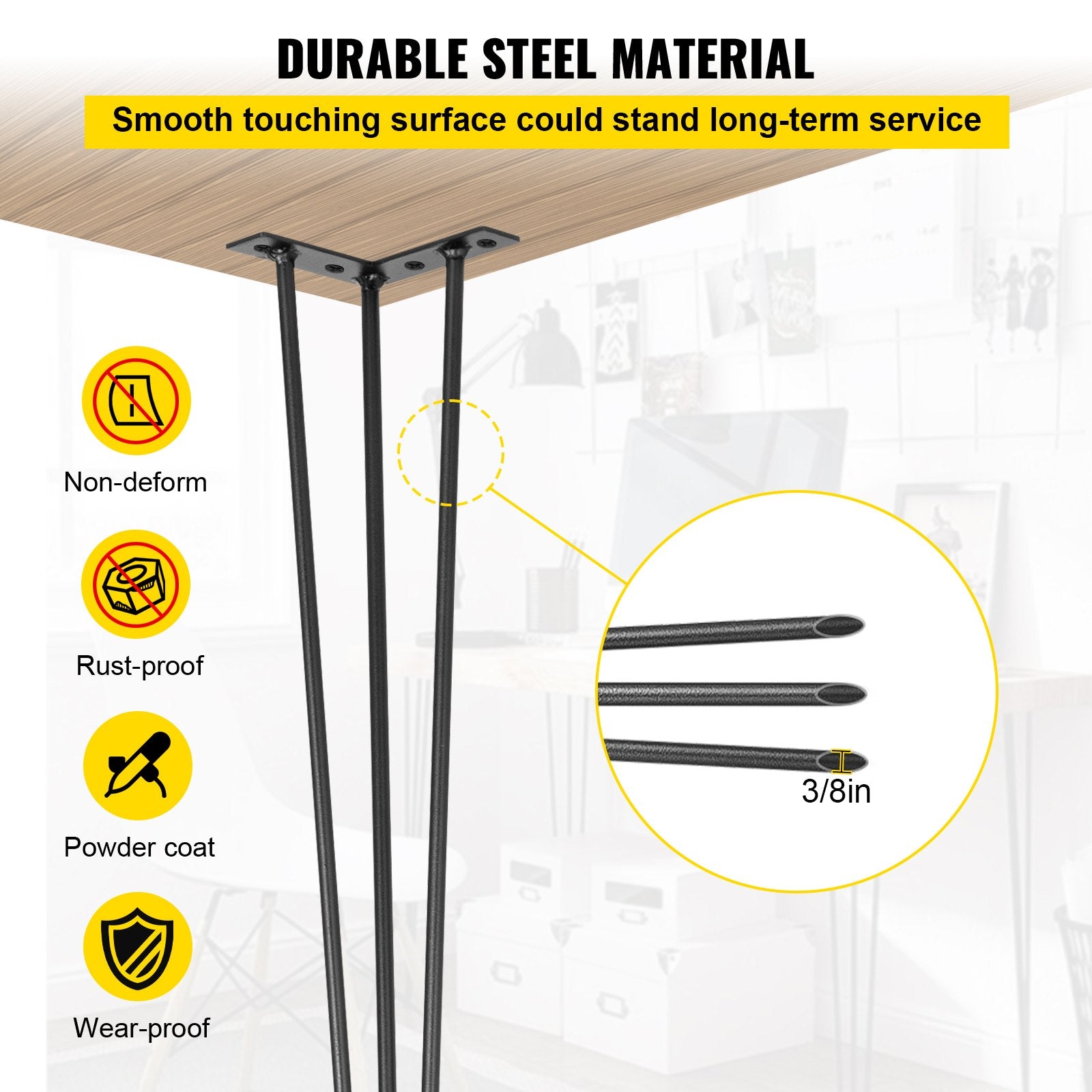 Hairpin Table Legs 30in Black Set of 4 220lbs 3-Rod Carbon Steel DIY Furniture