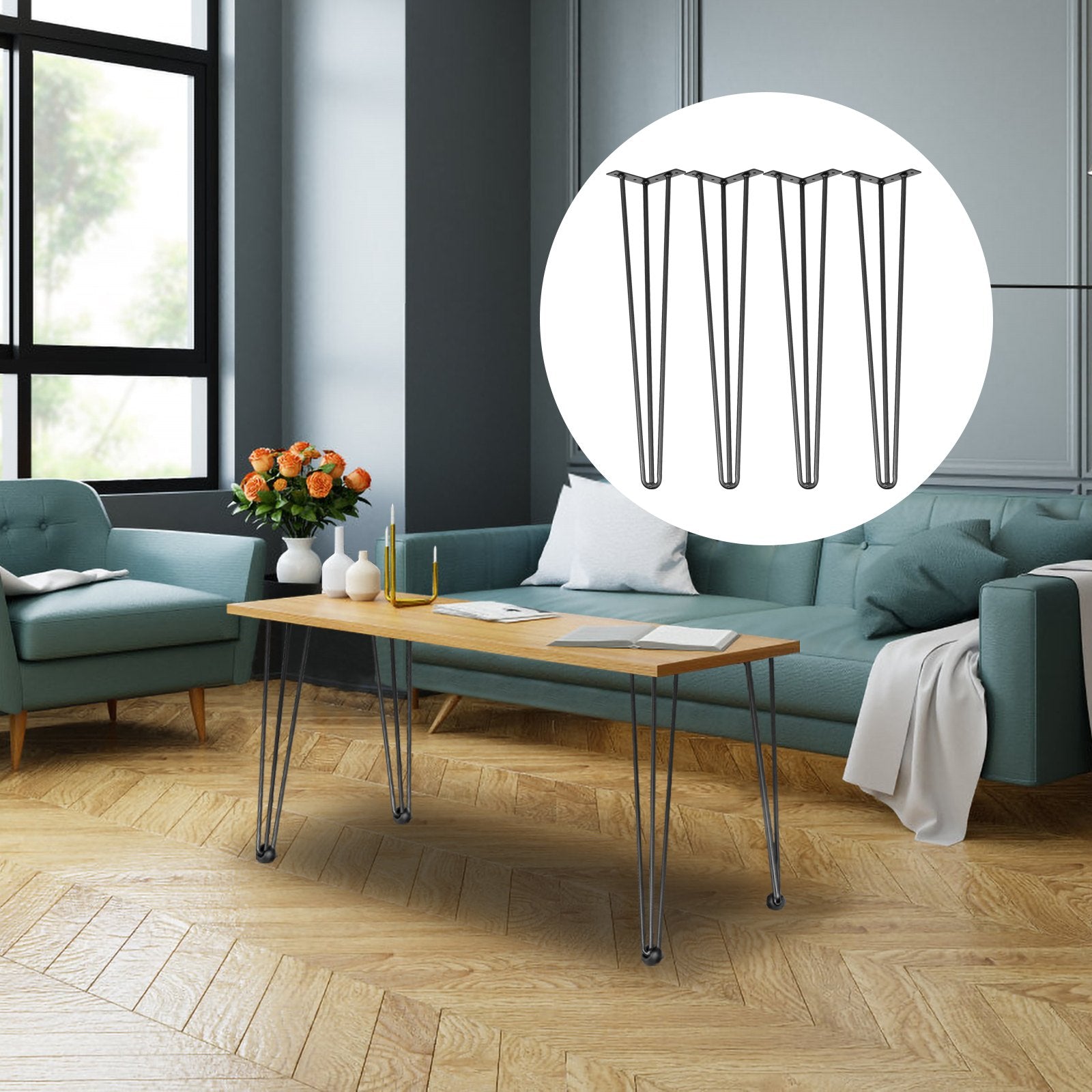Hairpin Table Legs 30in Black Set of 4 220lbs 3-Rod Carbon Steel DIY Furniture