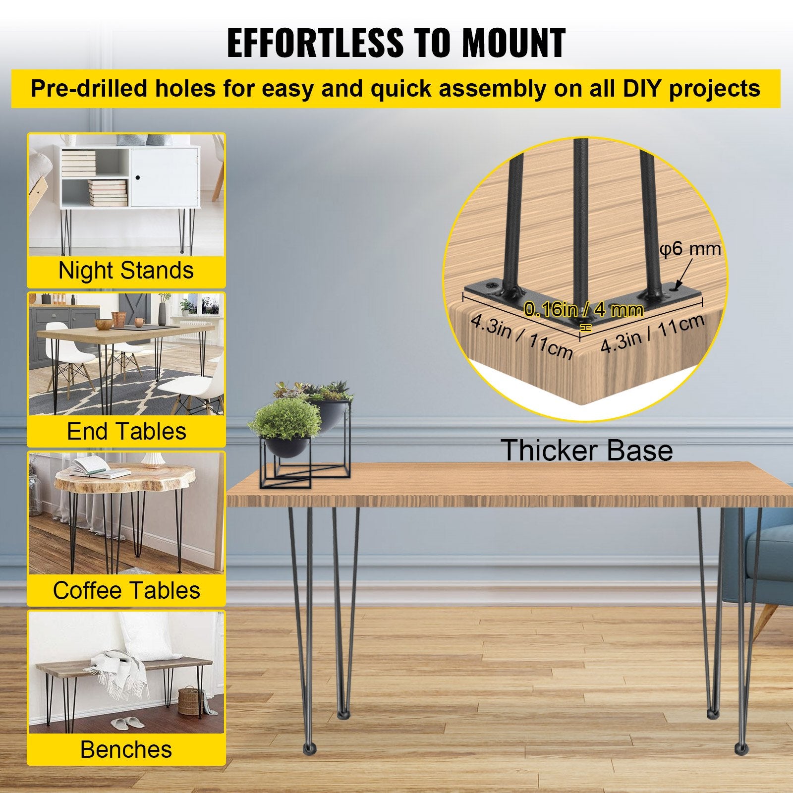 Hairpin Table Legs 34in Black Set of 4 220lbs 3-Rod Carbon Steel DIY Furniture