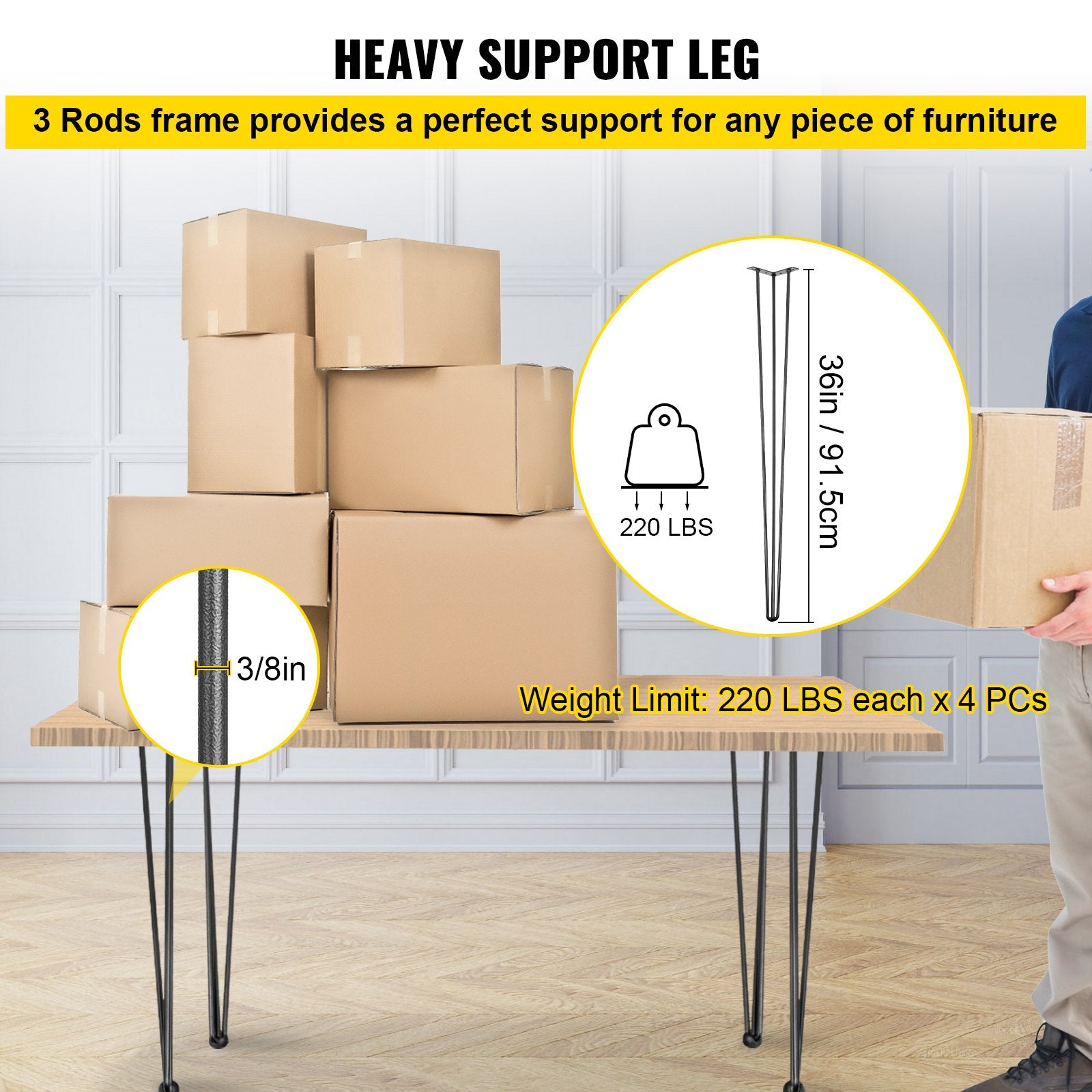 Hairpin Table Legs 36in Black Set of 4 220lbs 3-Rod Carbon Steel DIY Furniture