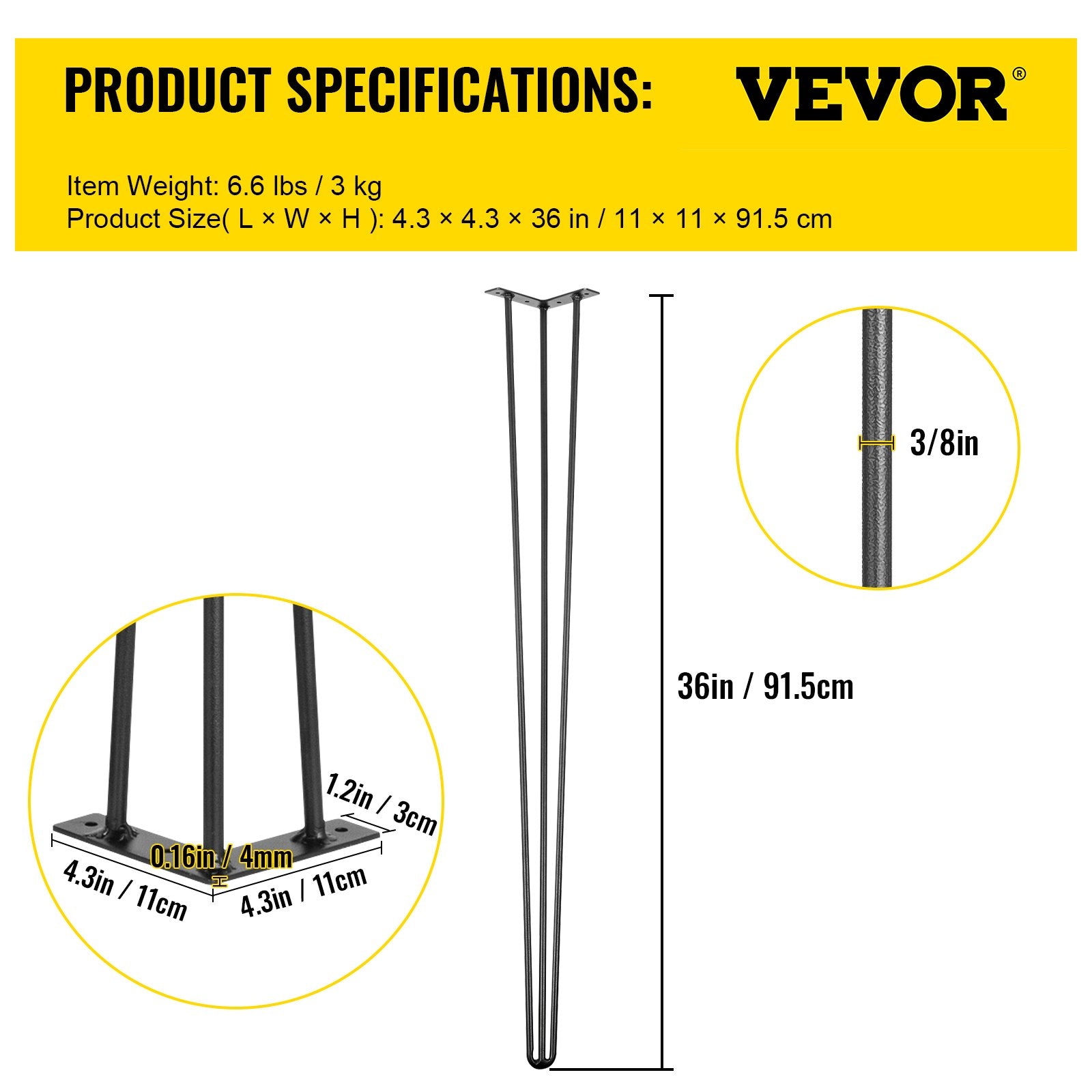 Hairpin Table Legs 36in Black Set of 4 220lbs 3-Rod Carbon Steel DIY Furniture