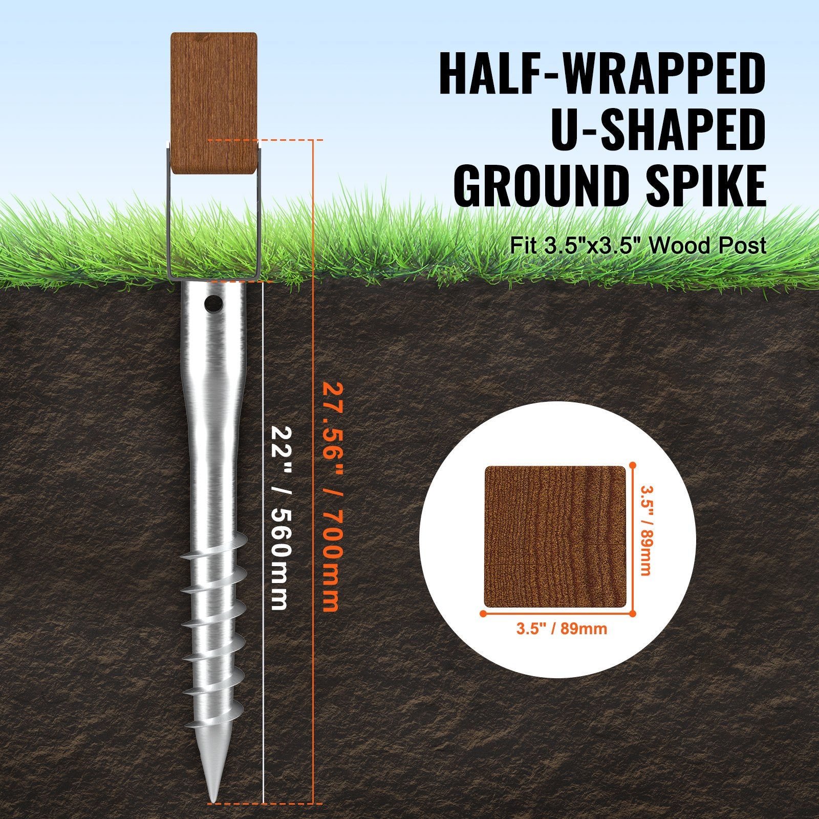 No Dig Ground Anchor 1-Pack 10x7x70cm U-Shape Steel Post Holder with Lag Bolts