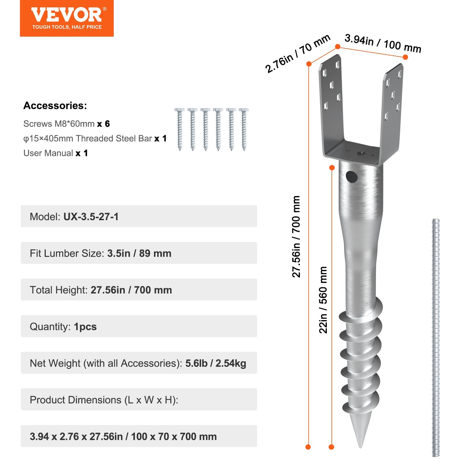 No Dig Ground Anchor 1-Pack 10x7x70cm U-Shape Steel Post Holder with Lag Bolts