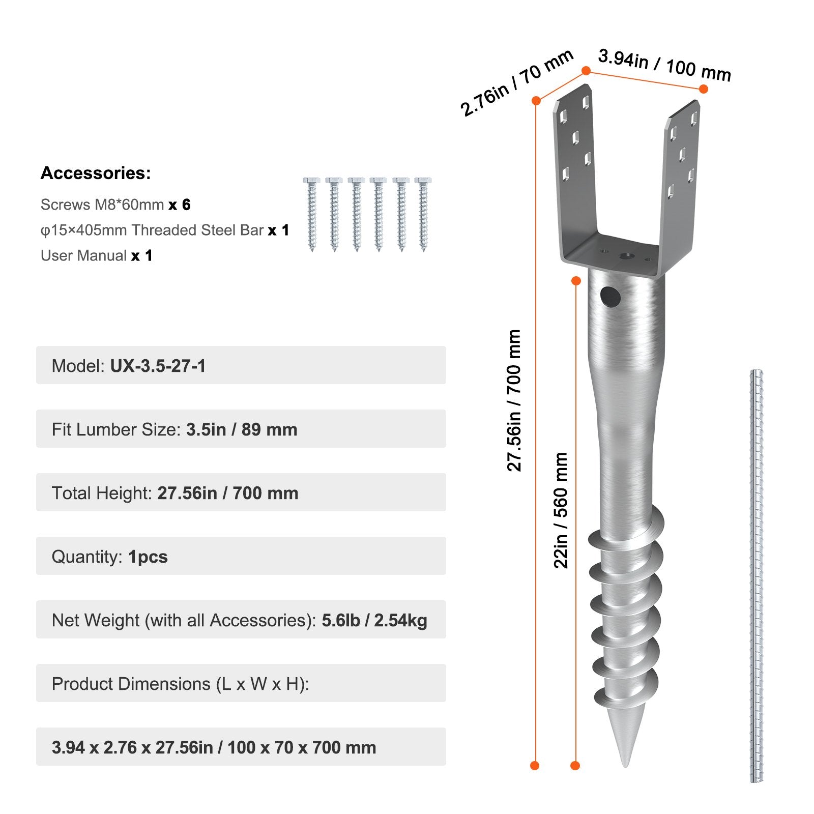 No Dig Ground Anchor 1-Pack 10x7x70cm U-Shape Steel Post Holder with Lag Bolts