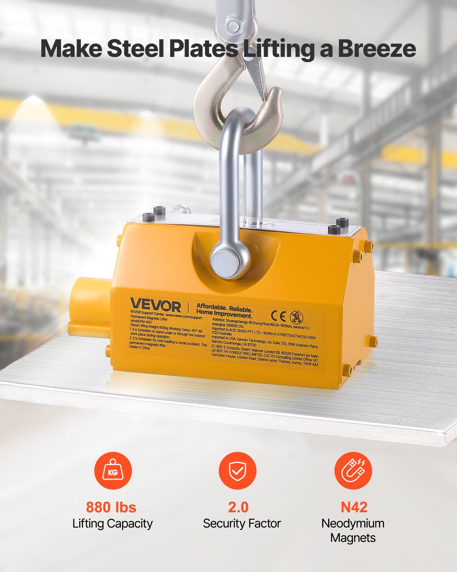 Permanent Magnetic Lifter 400kg N42 Neodymium with Hook & Release Handle