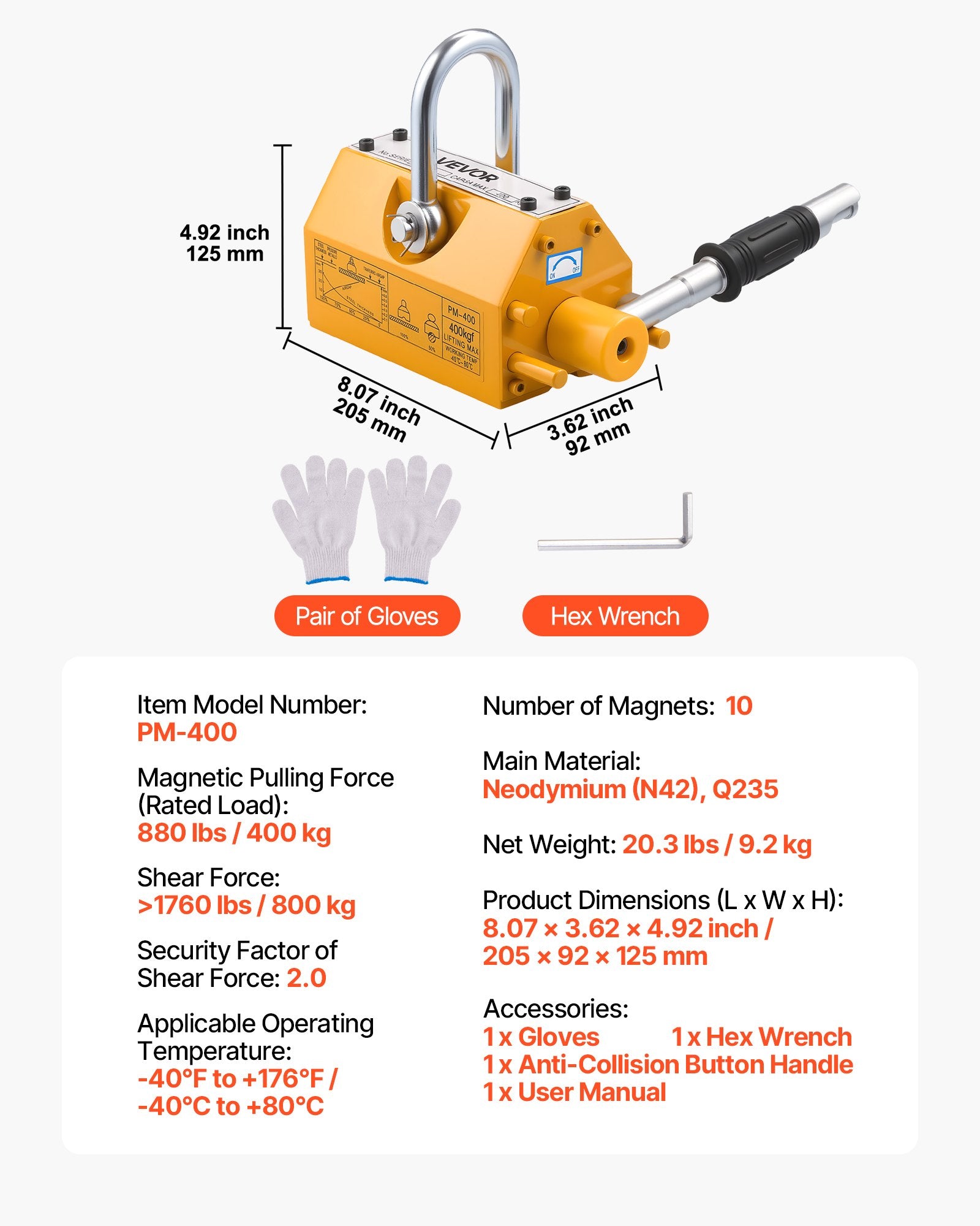 Permanent Magnetic Lifter 400kg N42 Neodymium with Hook & Release Handle