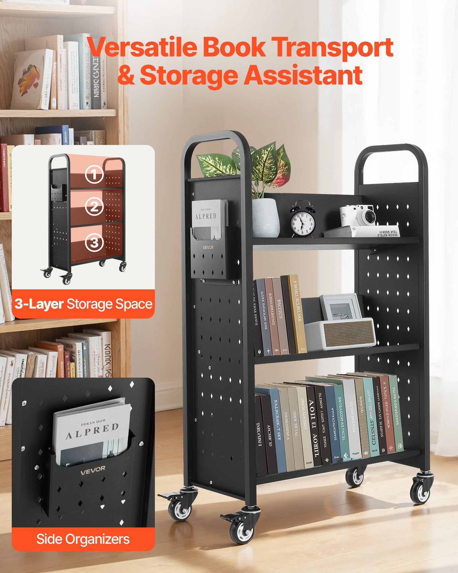 Rolling Library Book Cart 150kg, 77x38x122cm, Single-Sided V Shelves with Lockable Wheels