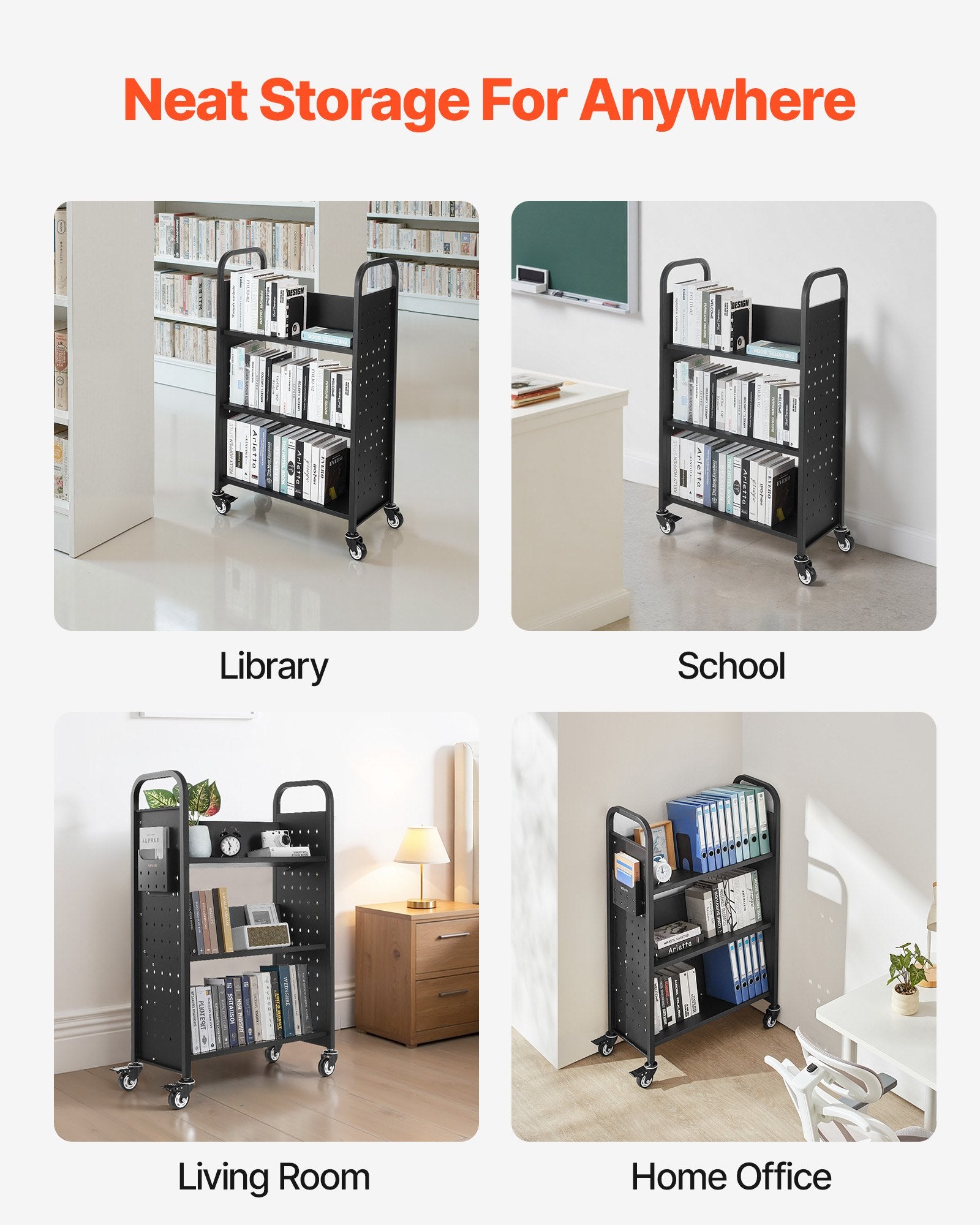 Rolling Library Book Cart 150kg, 77x38x122cm, Single-Sided V Shelves with Lockable Wheels