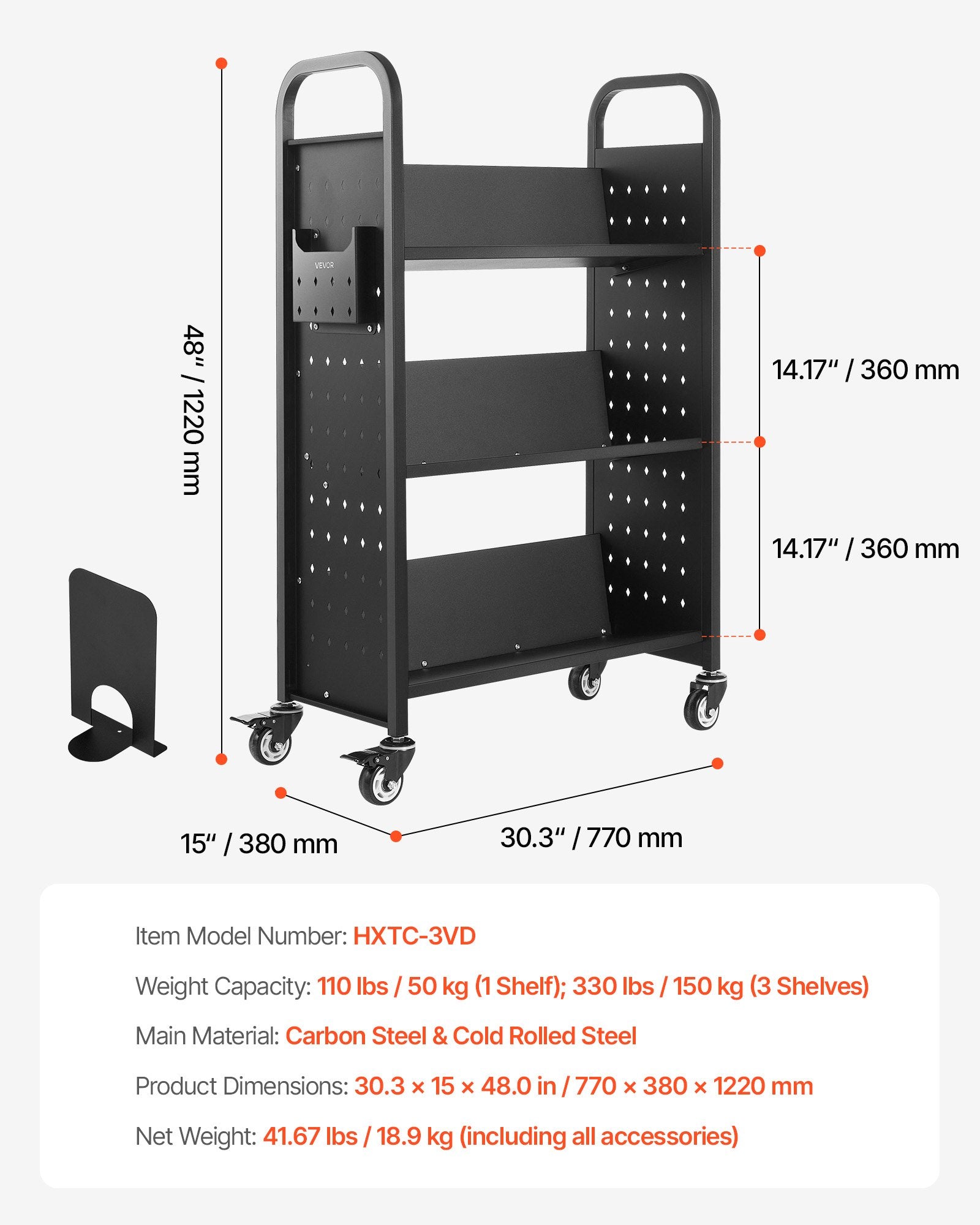 Rolling Library Book Cart 150kg, 77x38x122cm, Single-Sided V Shelves with Lockable Wheels