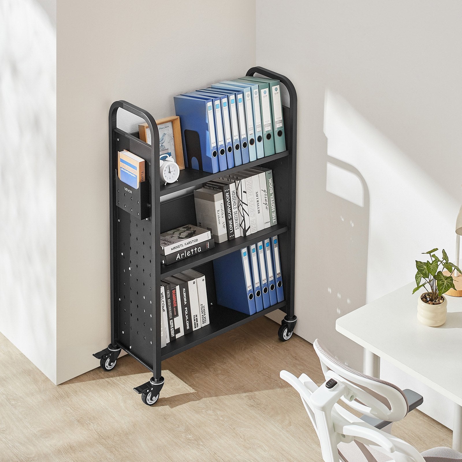 Rolling Library Book Cart 150kg, 77x38x122cm, Single-Sided V Shelves with Lockable Wheels