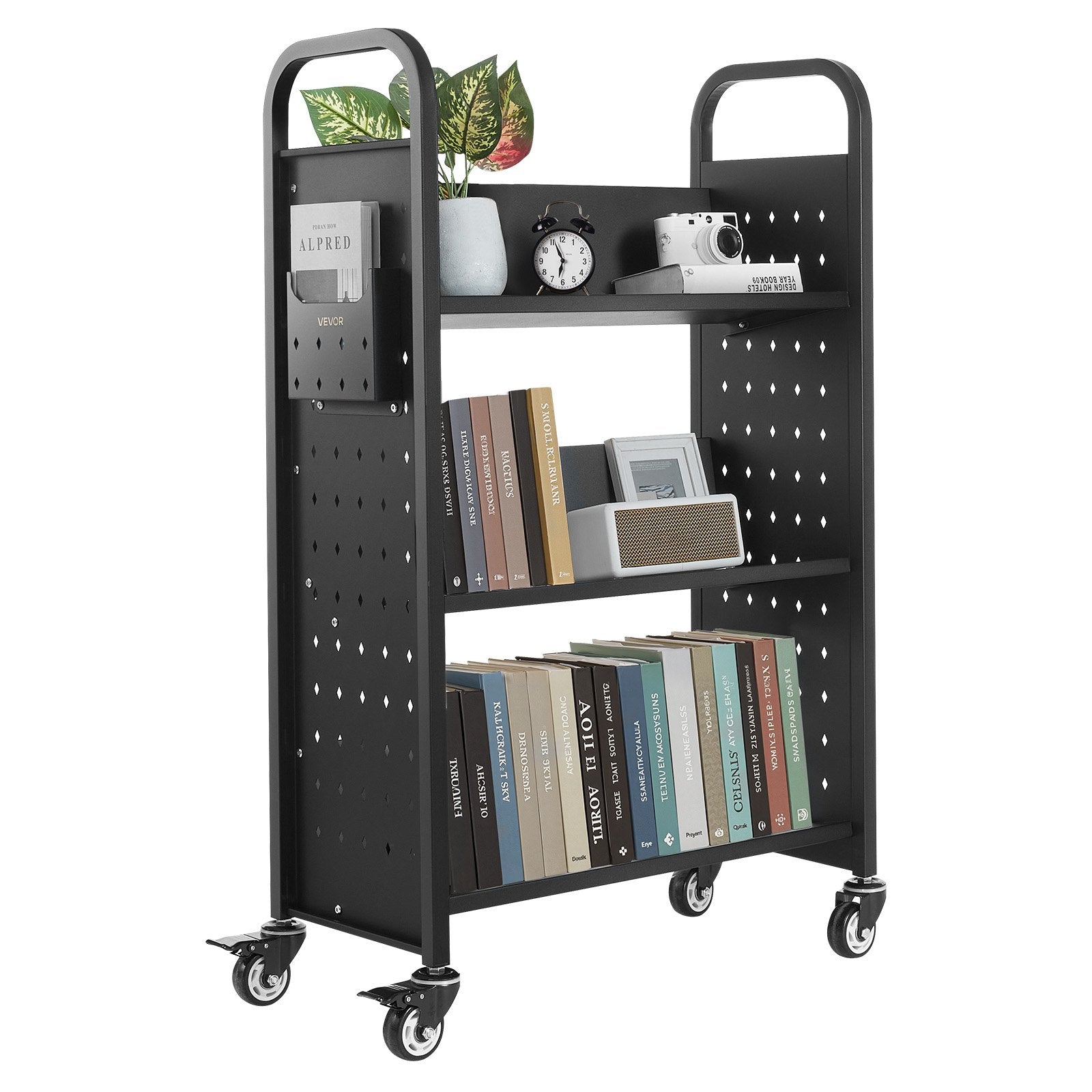 Rolling Library Book Cart 150kg, 77x38x122cm, Single-Sided V Shelves with Lockable Wheels