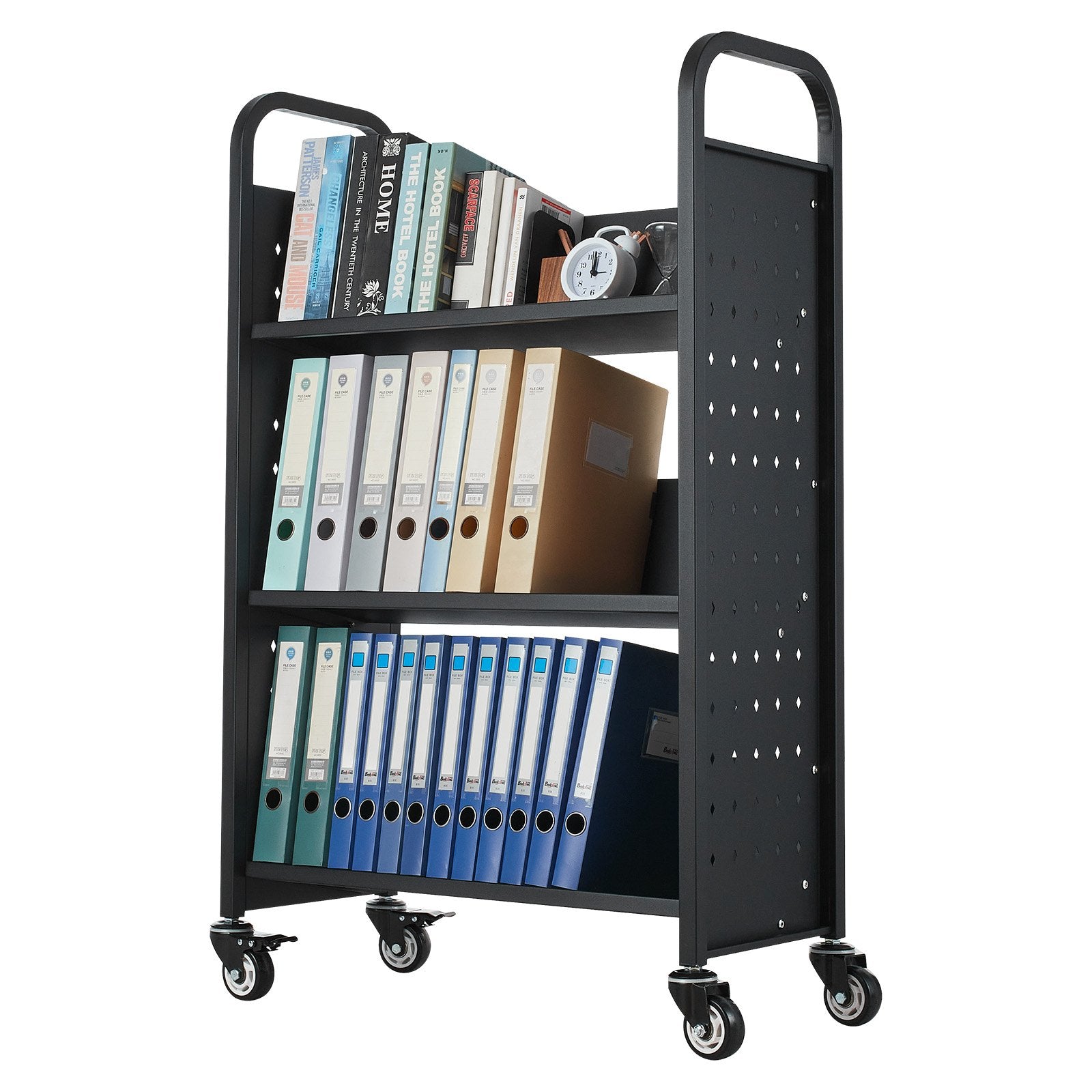Rolling Library Book Cart 150kg, 77x38x122cm, Single-Sided V Shelves with Lockable Wheels