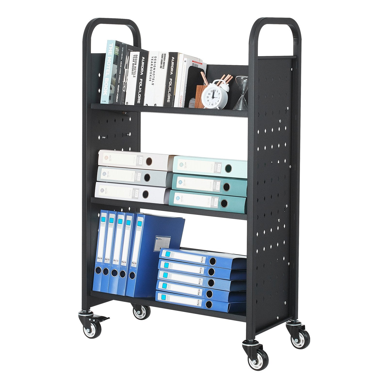 Rolling Library Book Cart 150kg, 77x38x122cm, Single-Sided V Shelves with Lockable Wheels