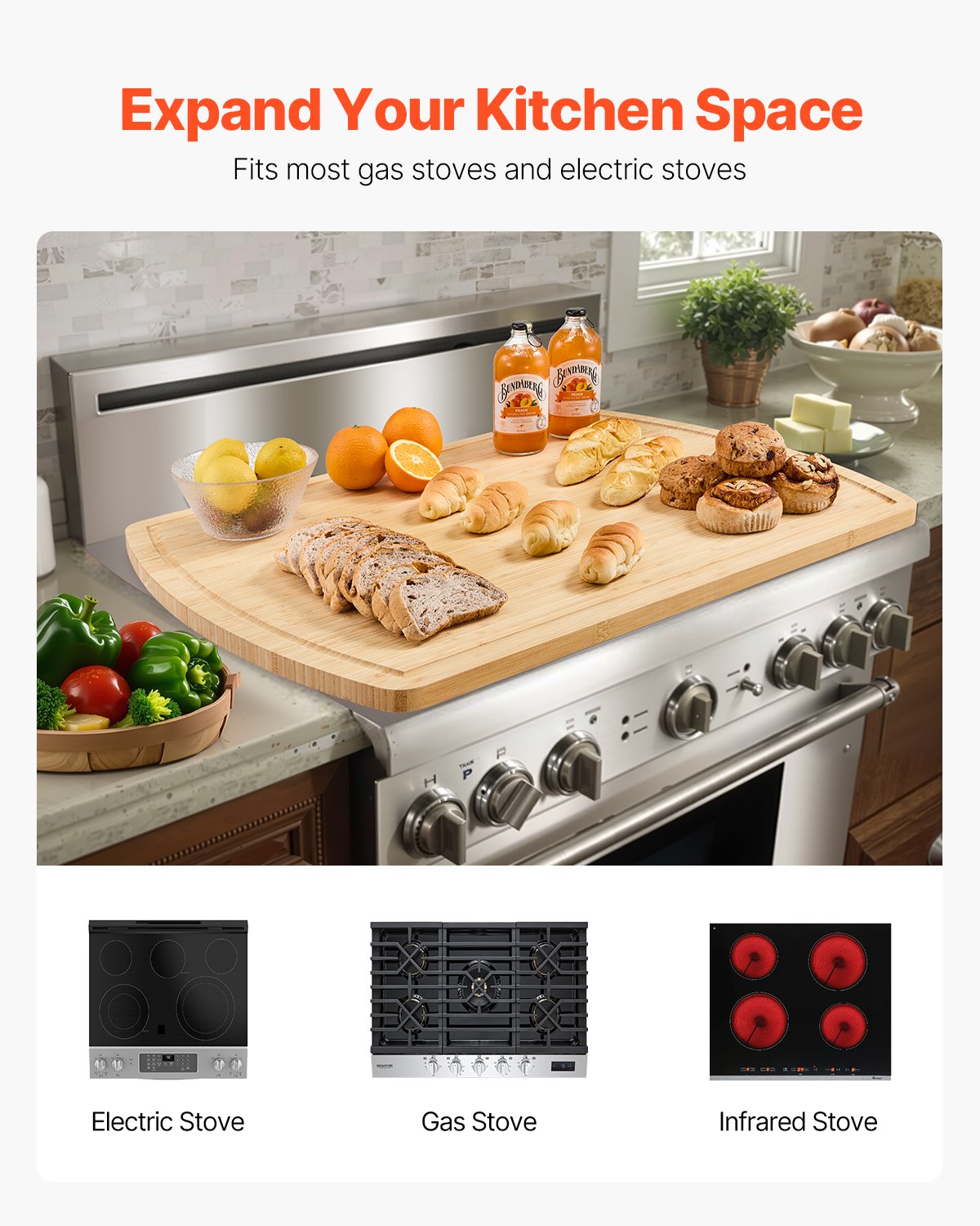 Bamboo Noodle Board Stove Top Cover Cutting Board with Juice Grooves