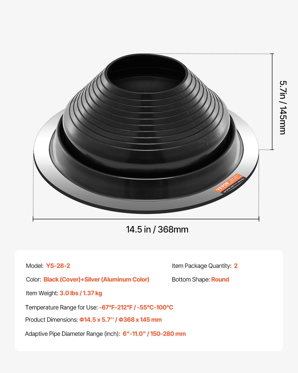 2 Pcs Roof Pipe Flashing Boots, Flexible EPDM Pipe Flashing 150-280mm Black