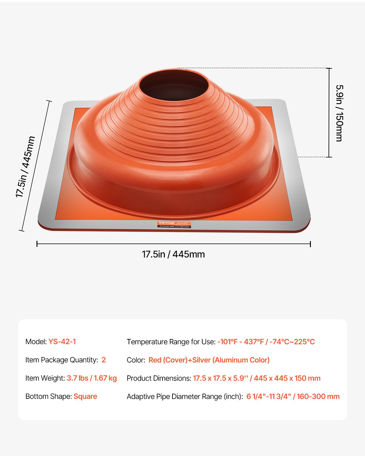 2 PCs Roof Pipe Flashing Boots, Flexible Silicone Pipe Flashing 160-300mm Red