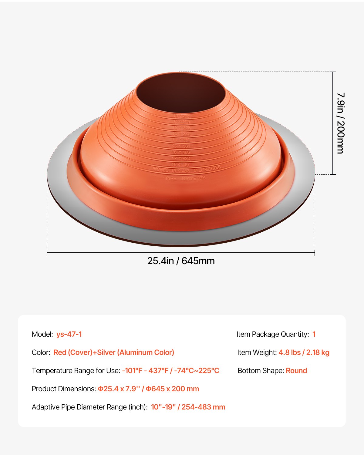 Roof Pipe Flashing Boot, Flexible Silicone Pipe Flashing 254-483mm Red Base