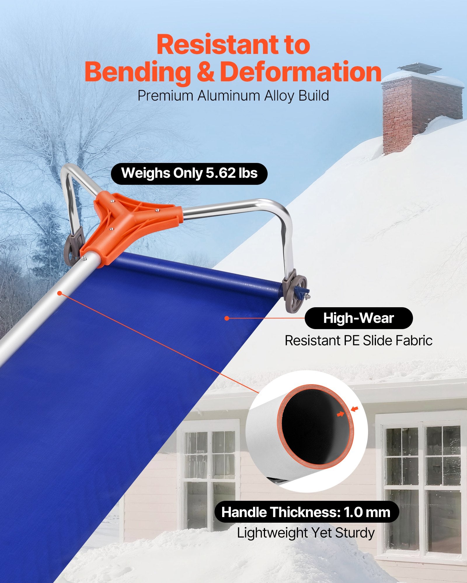 Snow Roof Rake 27cm Aluminum Blade 1.25-5.24m Adjustable with Wheels & Slide