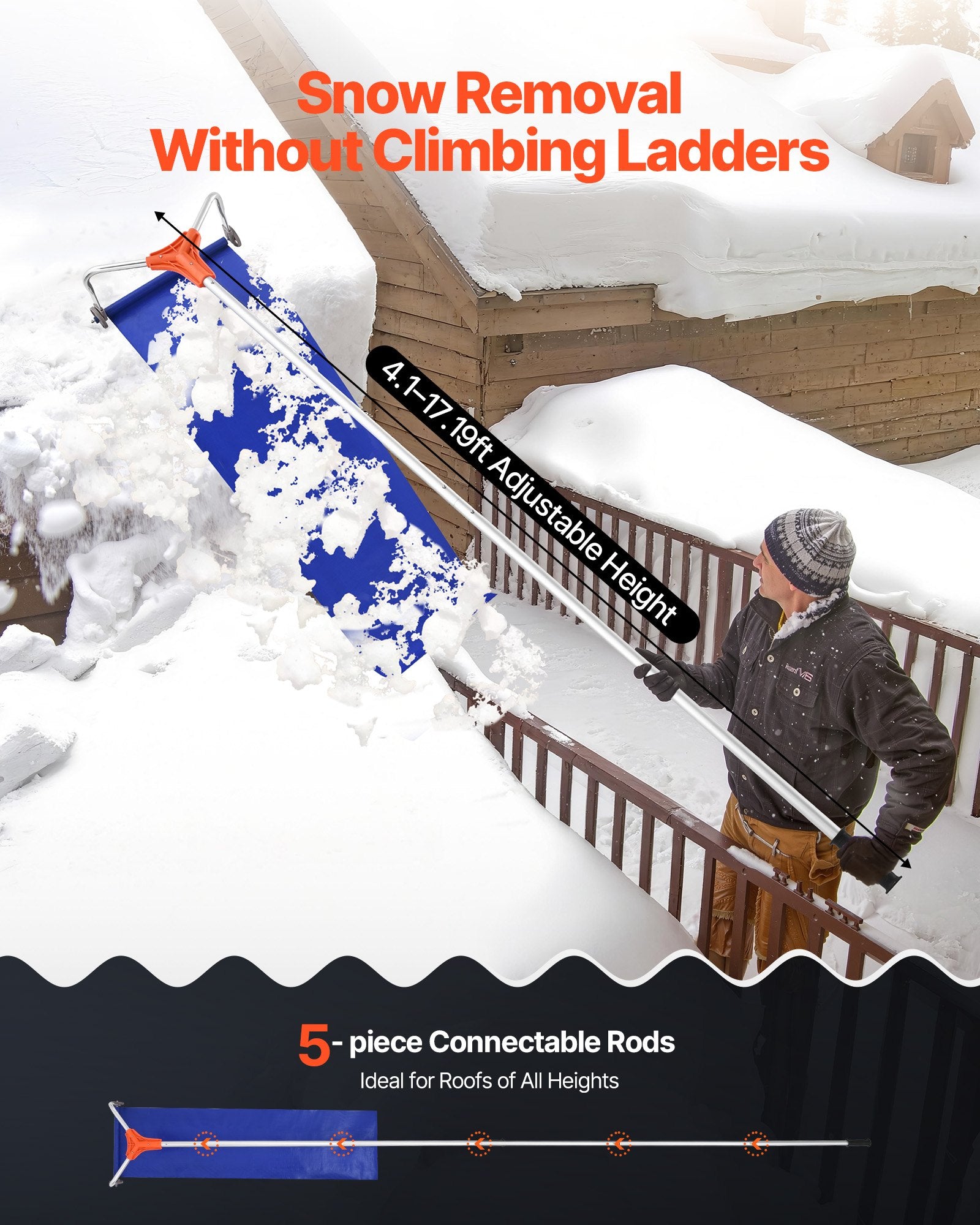 Snow Roof Rake 27cm Aluminum Blade 1.25-5.24m Adjustable with Wheels & Slide