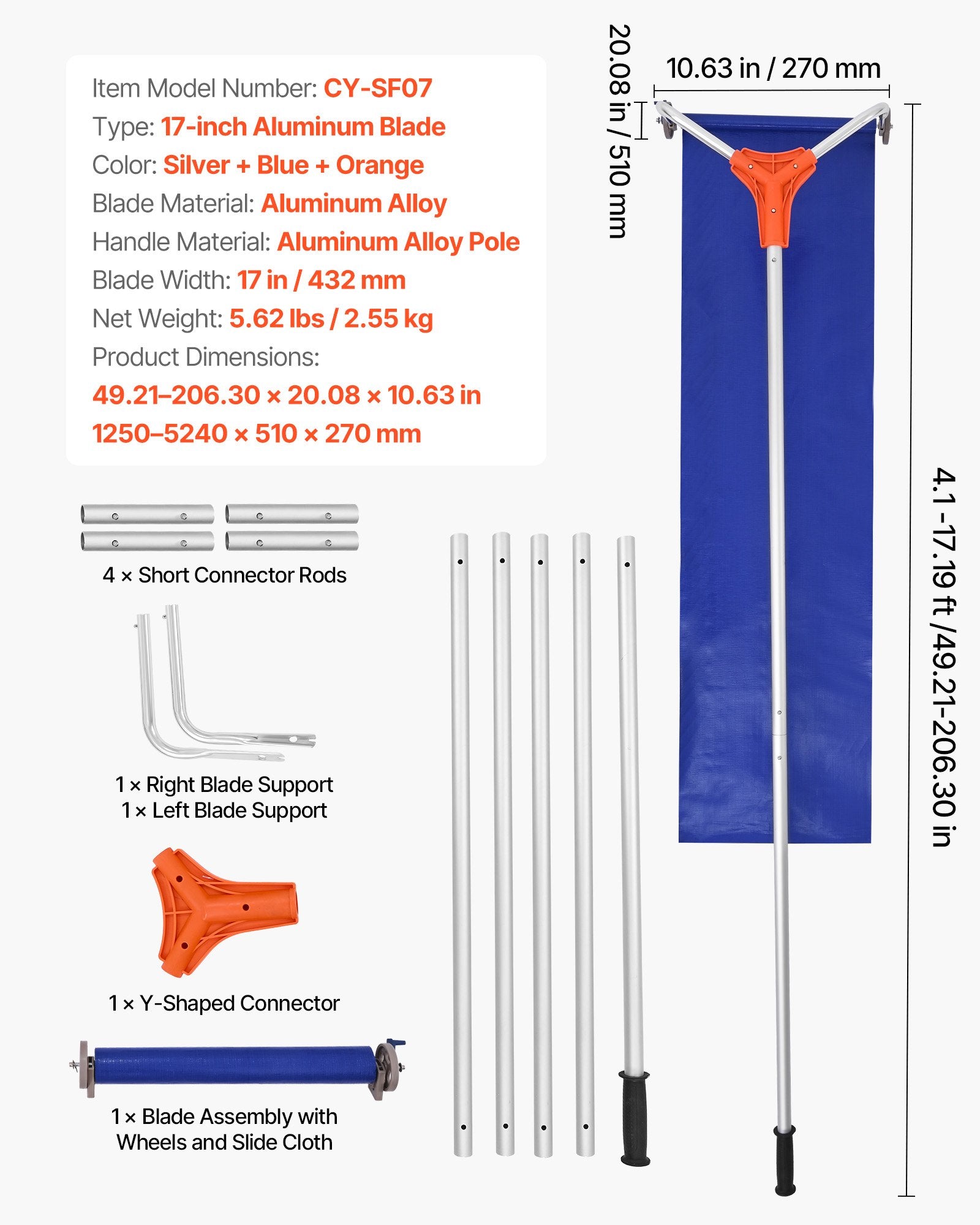 Snow Roof Rake 27cm Aluminum Blade 1.25-5.24m Adjustable with Wheels & Slide