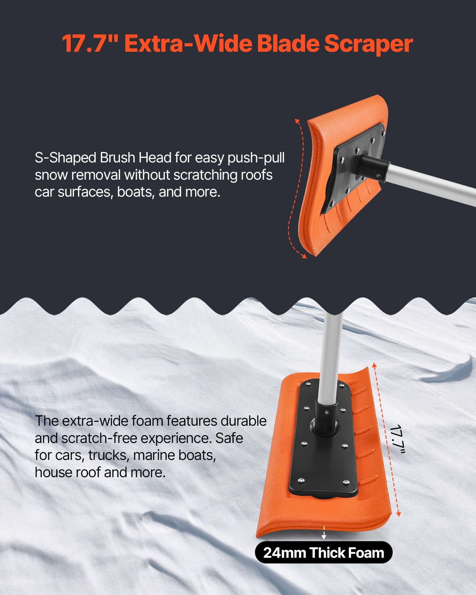 Snow Roof Rake 45cm Foam Blade 2.25-5.62m Adjustable with Extension Tubes