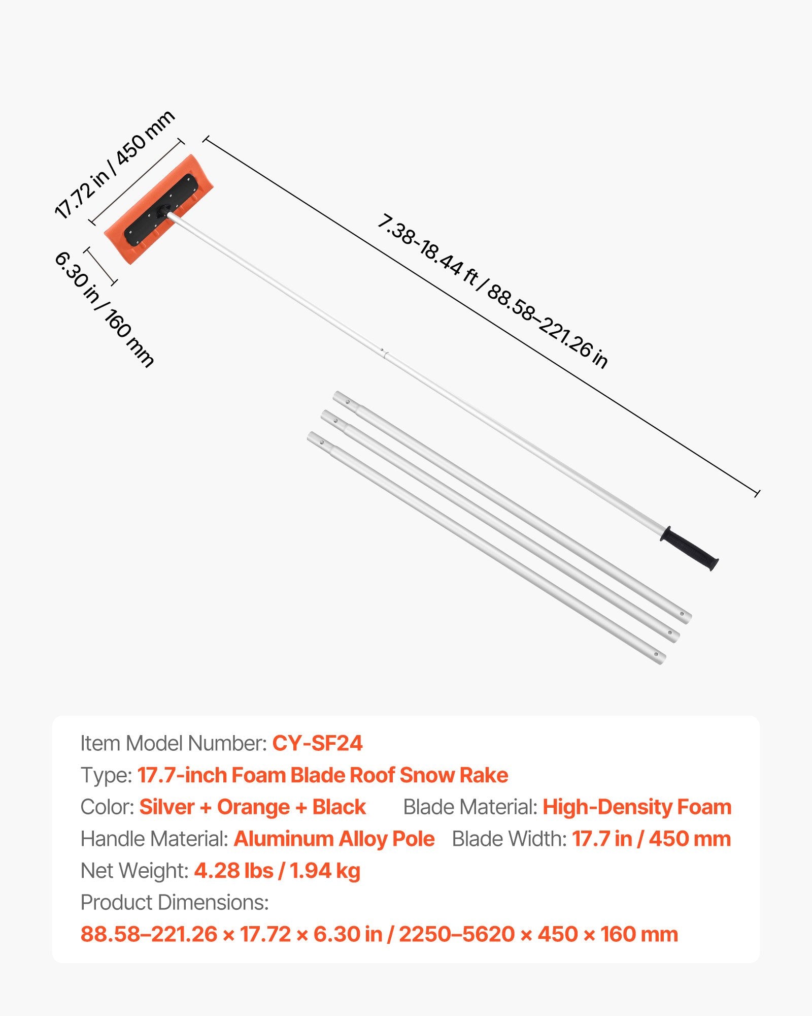 Snow Roof Rake 45cm Foam Blade 2.25-5.62m Adjustable with Extension Tubes