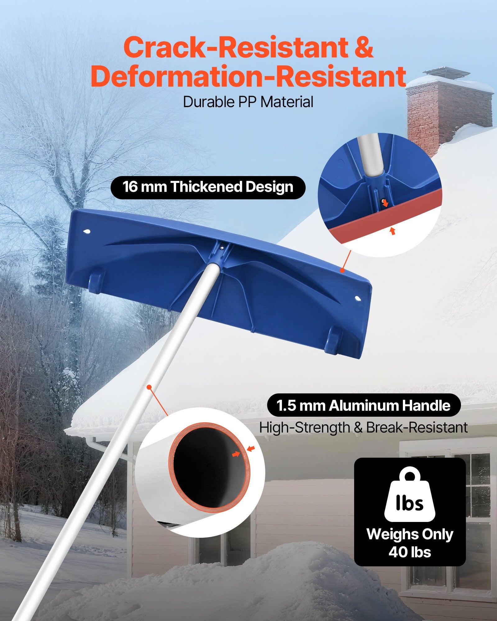 Snow Roof Rake 60cm PP Plastic Blade 1.18-5.55m Adjustable with Wheels Anti-Slip