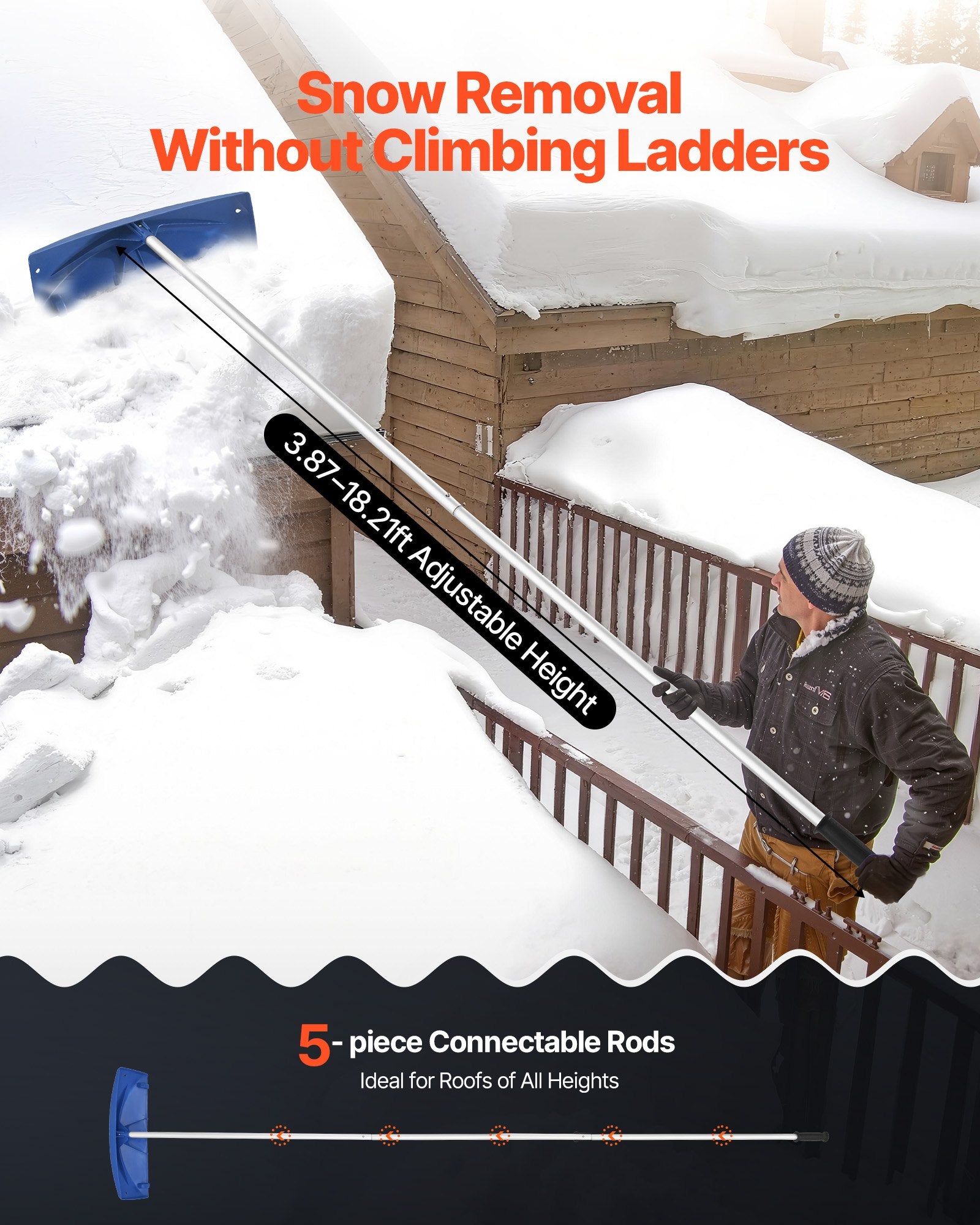 Snow Roof Rake 60cm PP Plastic Blade 1.18-5.55m Adjustable with Wheels Anti-Slip