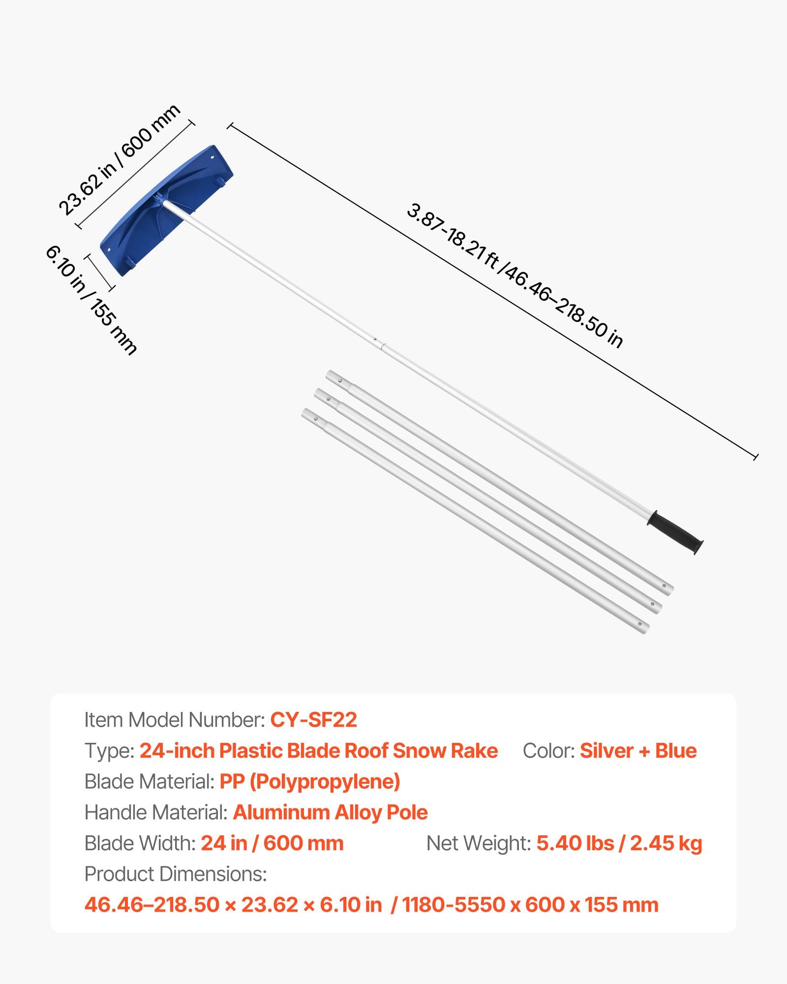 Snow Roof Rake 60cm PP Plastic Blade 1.18-5.55m Adjustable with Wheels Anti-Slip