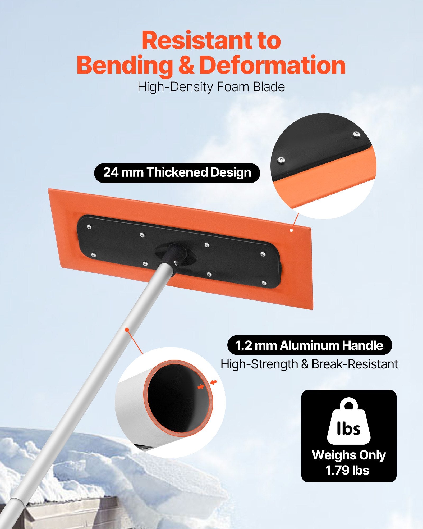 Snow Roof Rake 1.2m Long Reach 45cm Foam Blade Non-Slip Handle Lightweight