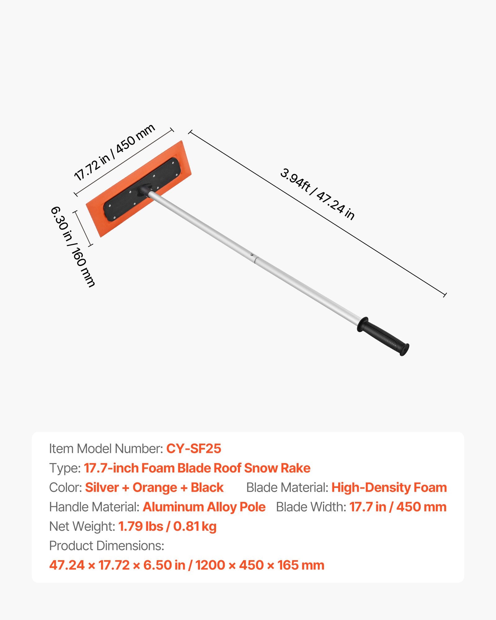 Snow Roof Rake 1.2m Long Reach 45cm Foam Blade Non-Slip Handle Lightweight