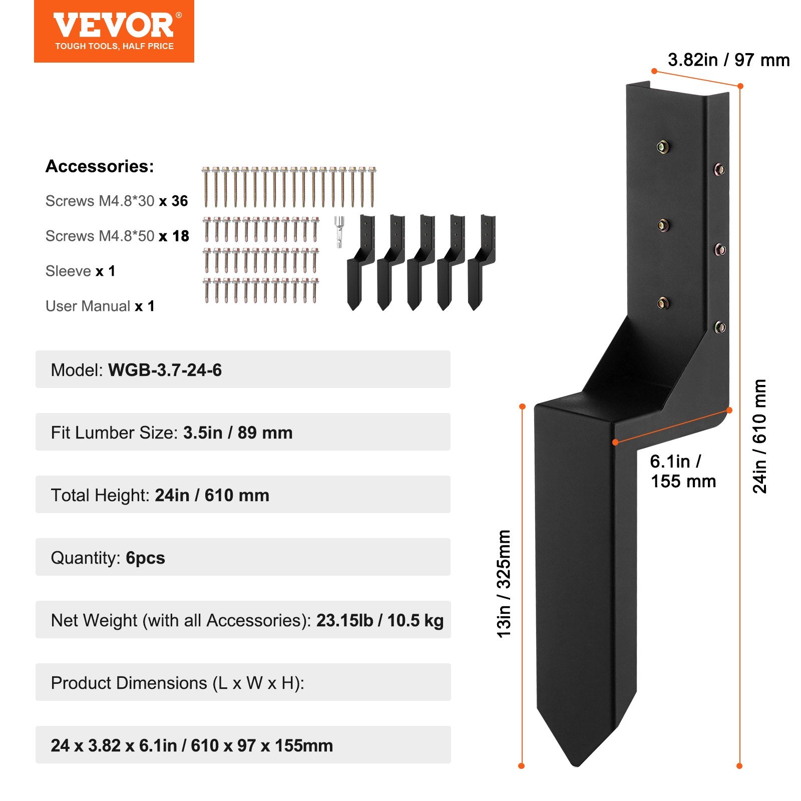 Fence Post Anchor Repair Kit 6Pack 8.9x8.9cm Steel Support Stakes for Wood Fence