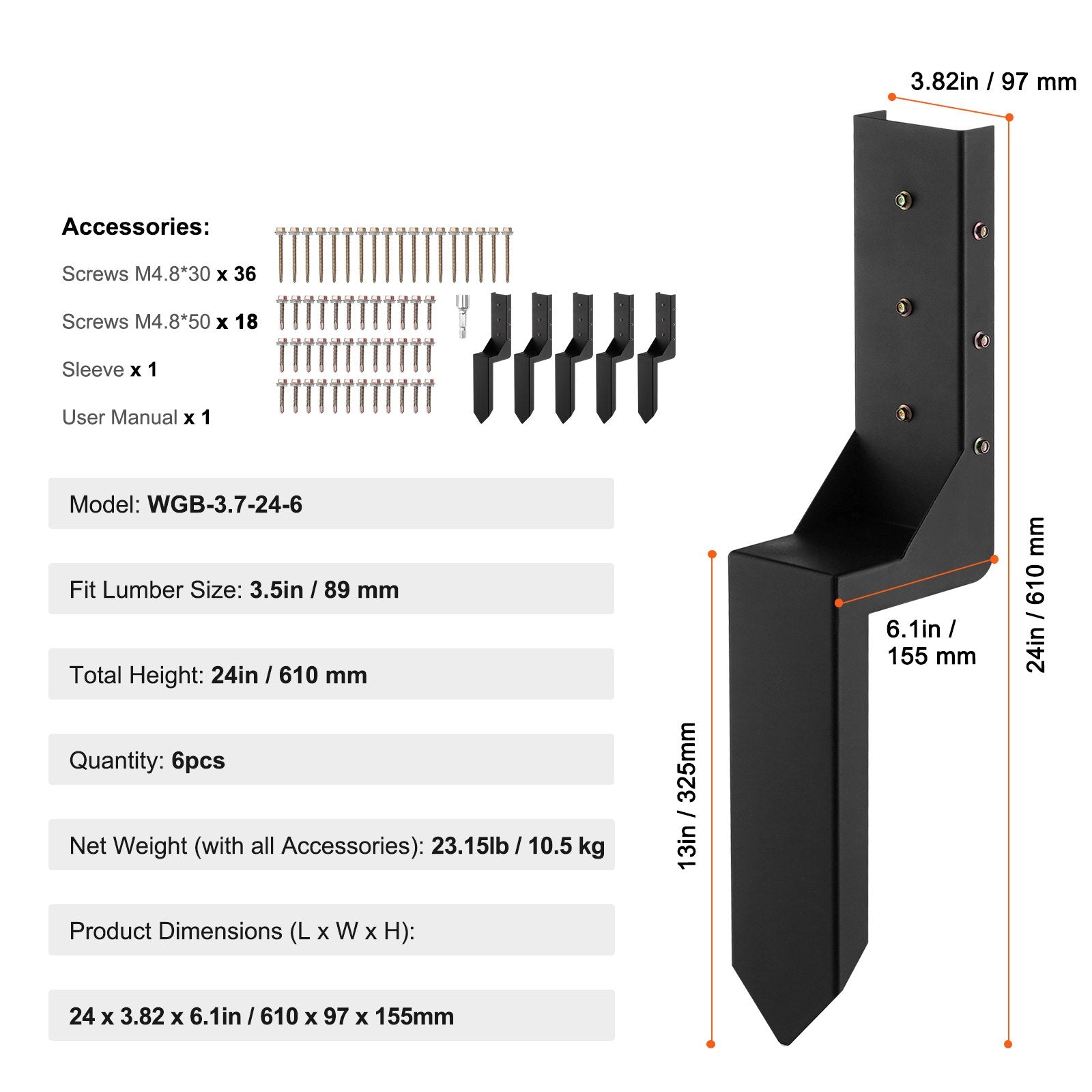 Fence Post Anchor Repair Kit 6Pack 8.9x8.9cm Steel Support Stakes for Wood Fence