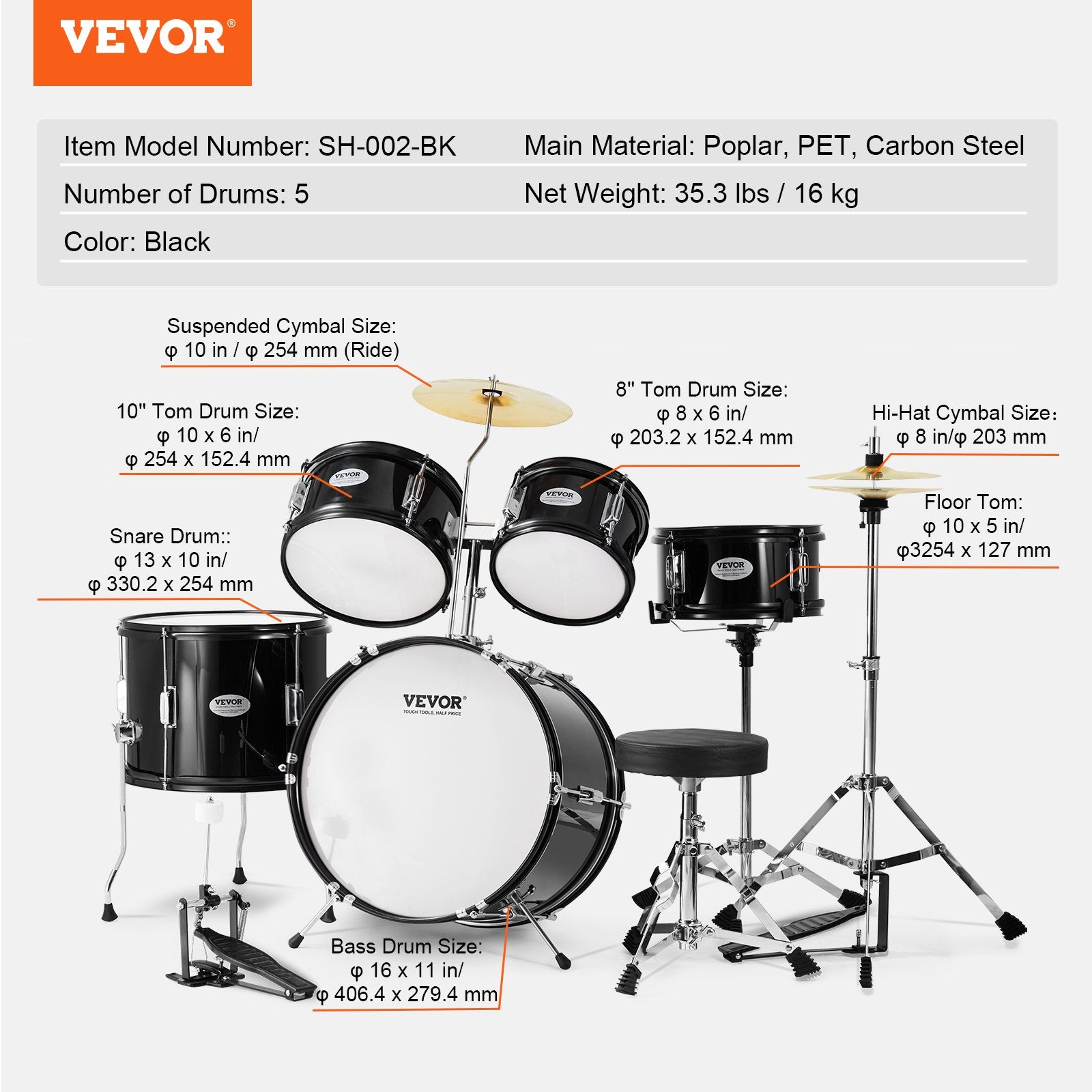 Kids Drum Set 5-Piece 406.4mm Bass Toms Snare Cymbal Hi-Hat Throne Drumsticks
