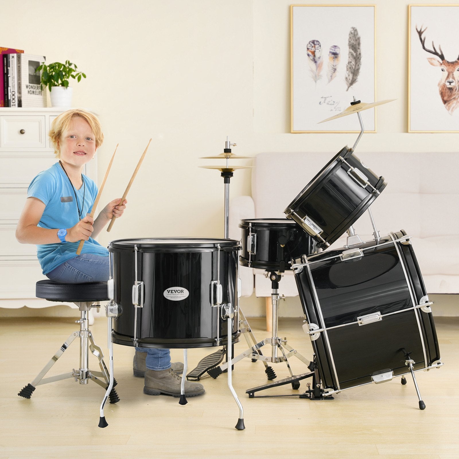 Kids Drum Set 5-Piece 406.4mm Bass Toms Snare Cymbal Hi-Hat Throne Drumsticks