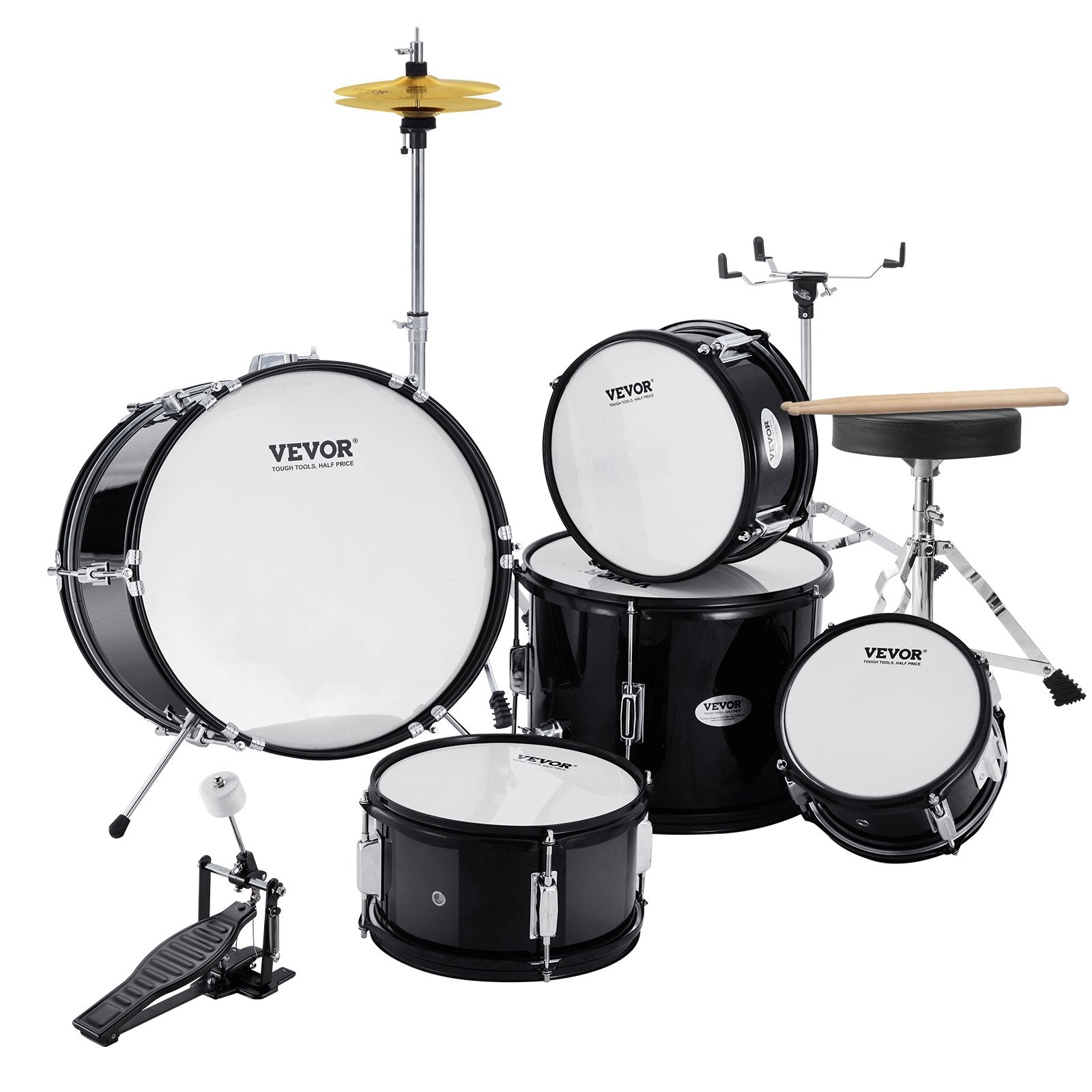 Kids Drum Set 5-Piece 406.4mm Bass Toms Snare Cymbal Hi-Hat Throne Drumsticks