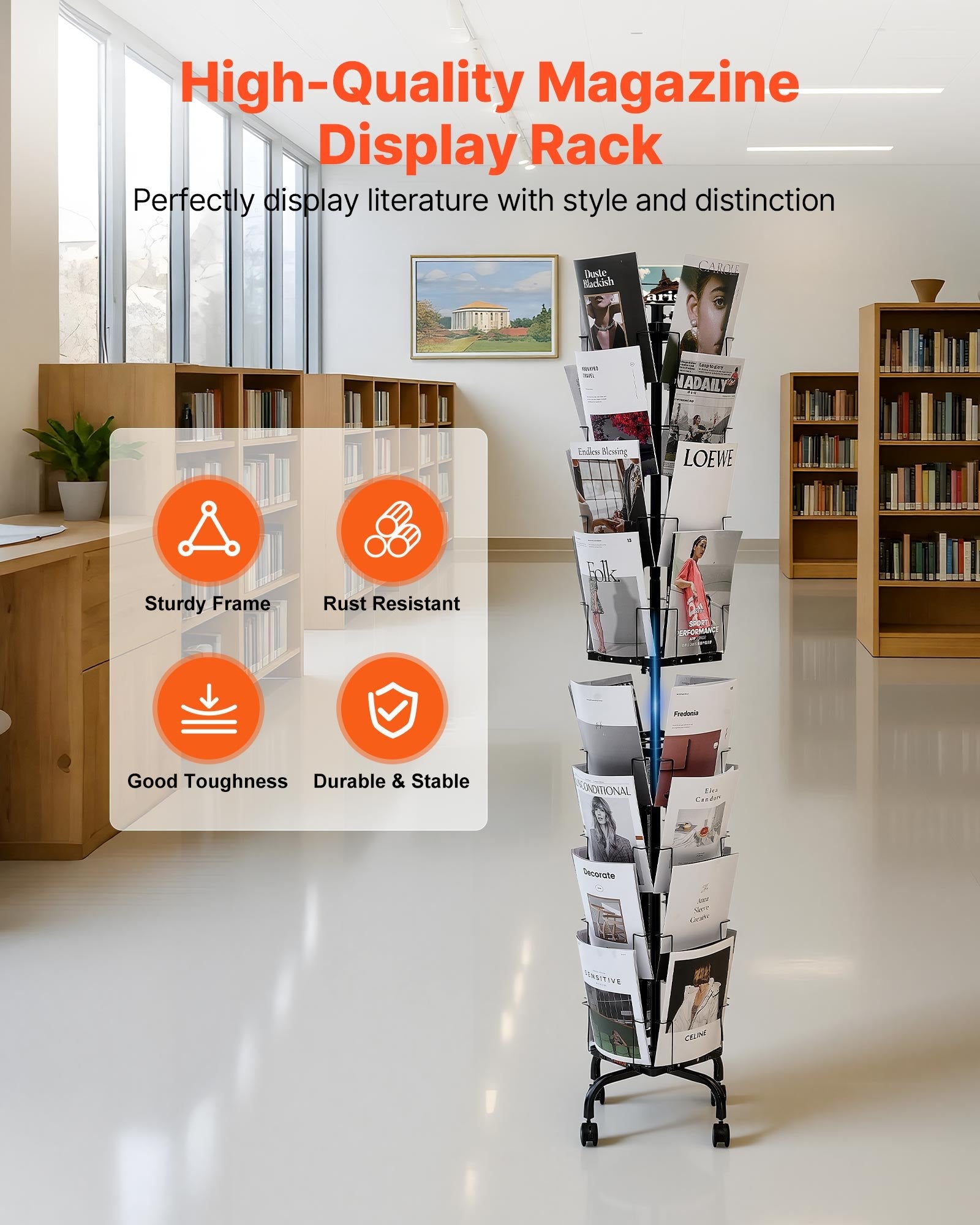 Greeting Cards Display Rack 32 Pockets 360° Spinning Stand Sign Holder Wheels