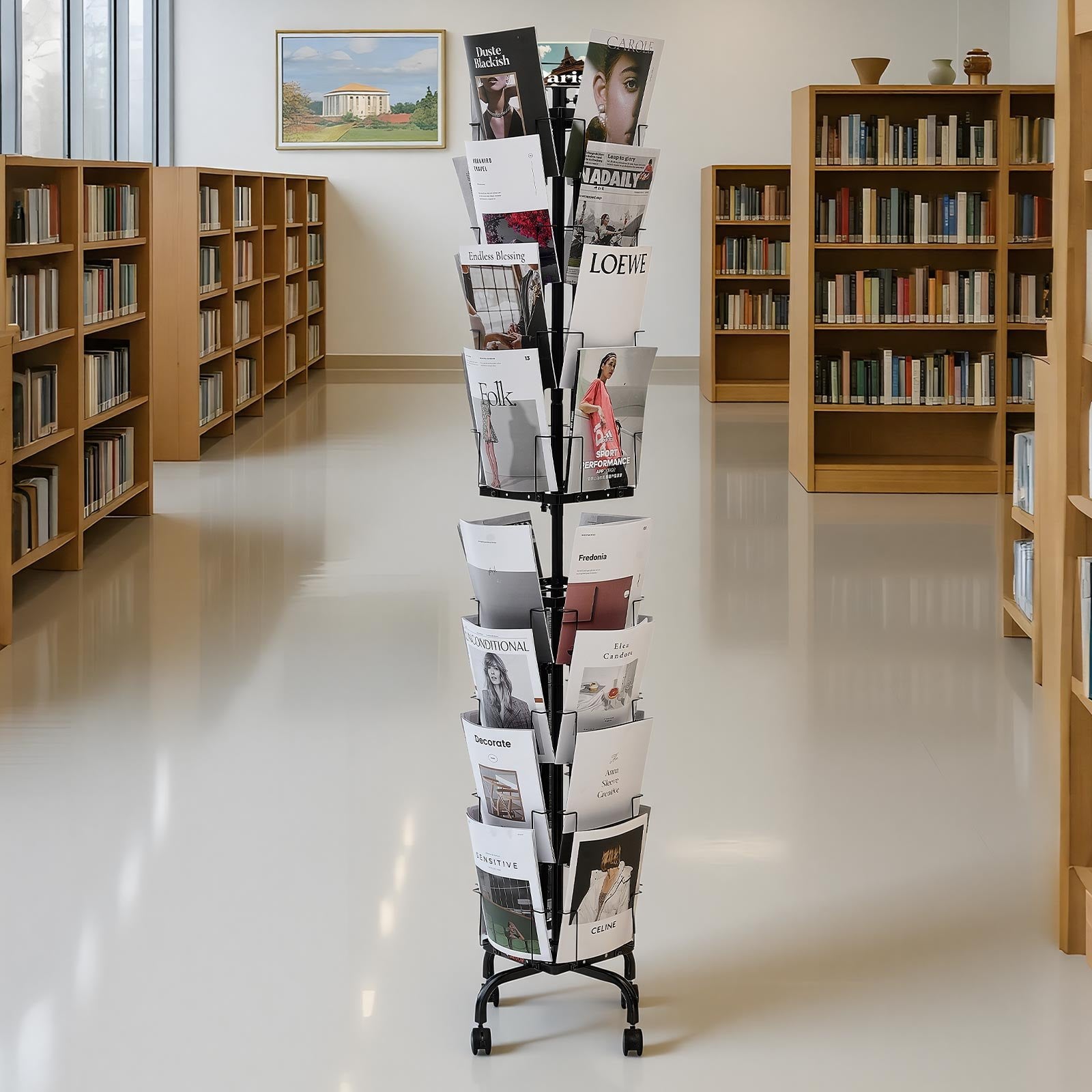 Greeting Cards Display Rack 32 Pockets 360° Spinning Stand Sign Holder Wheels