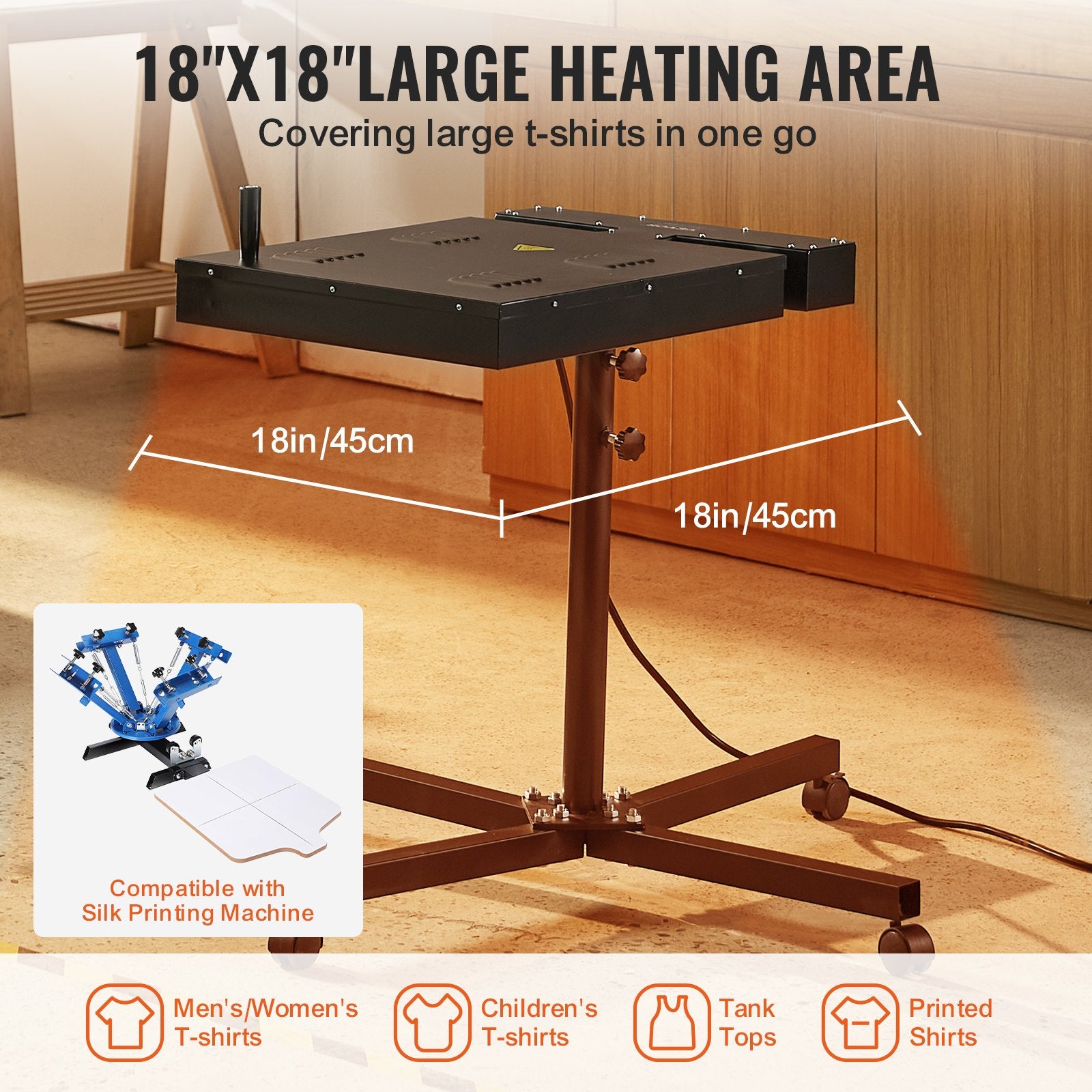 Flash Dryer 18x18in Screen Printing 0-750℉ w/Adjustable Stand 360° Rotation