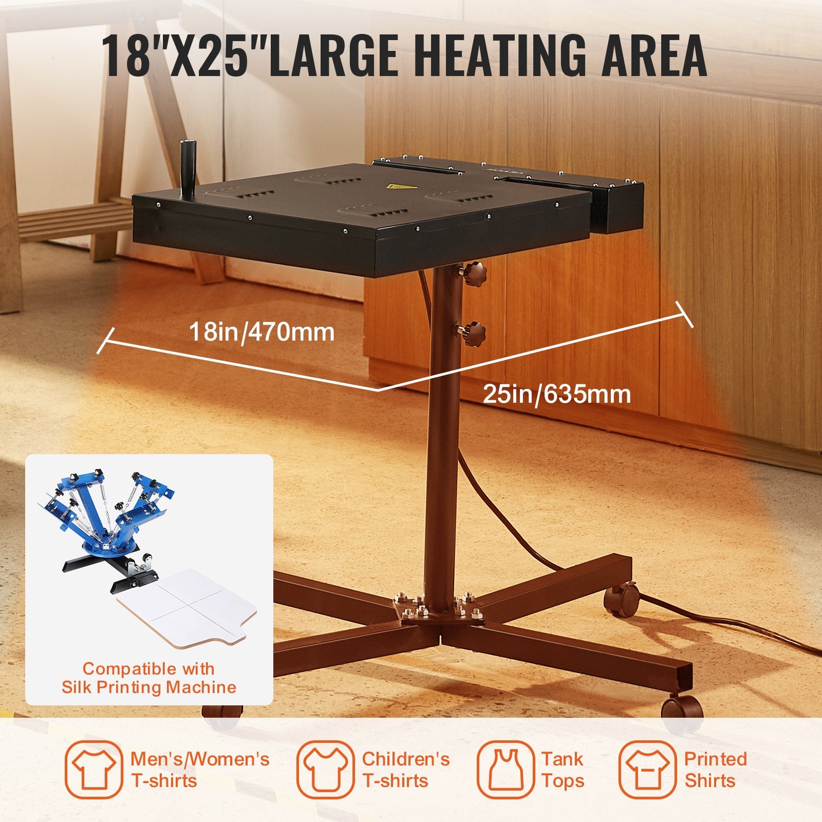 Flash Dryer 18x25in Screen Printing 0-750℉ w/Adjustable Stand 360° Rotation