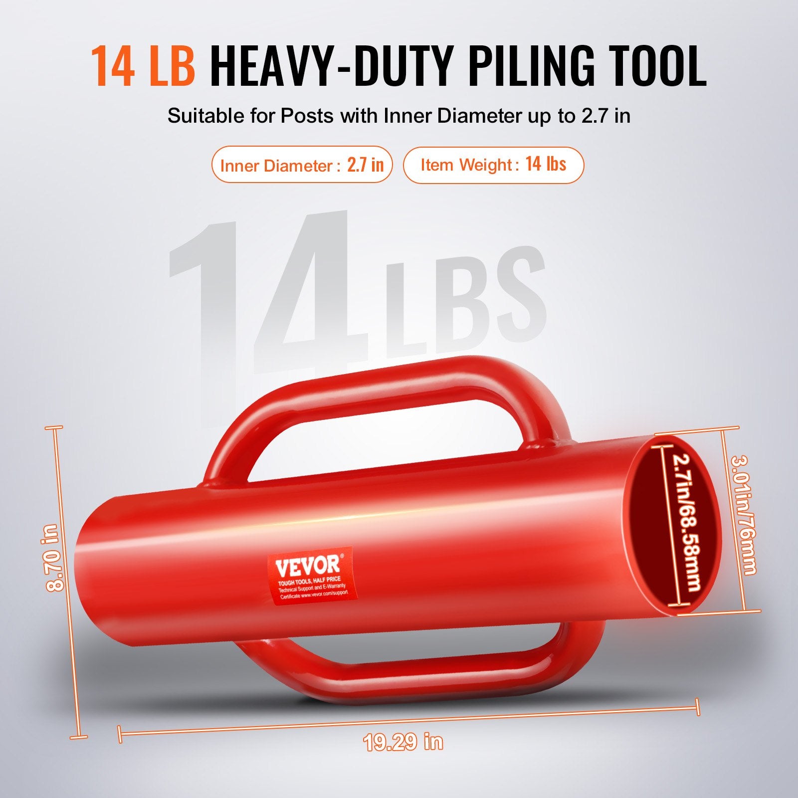 Fence Post Driver with Handles 2.7in T Post Pounder 14LB Carbon Steel Red
