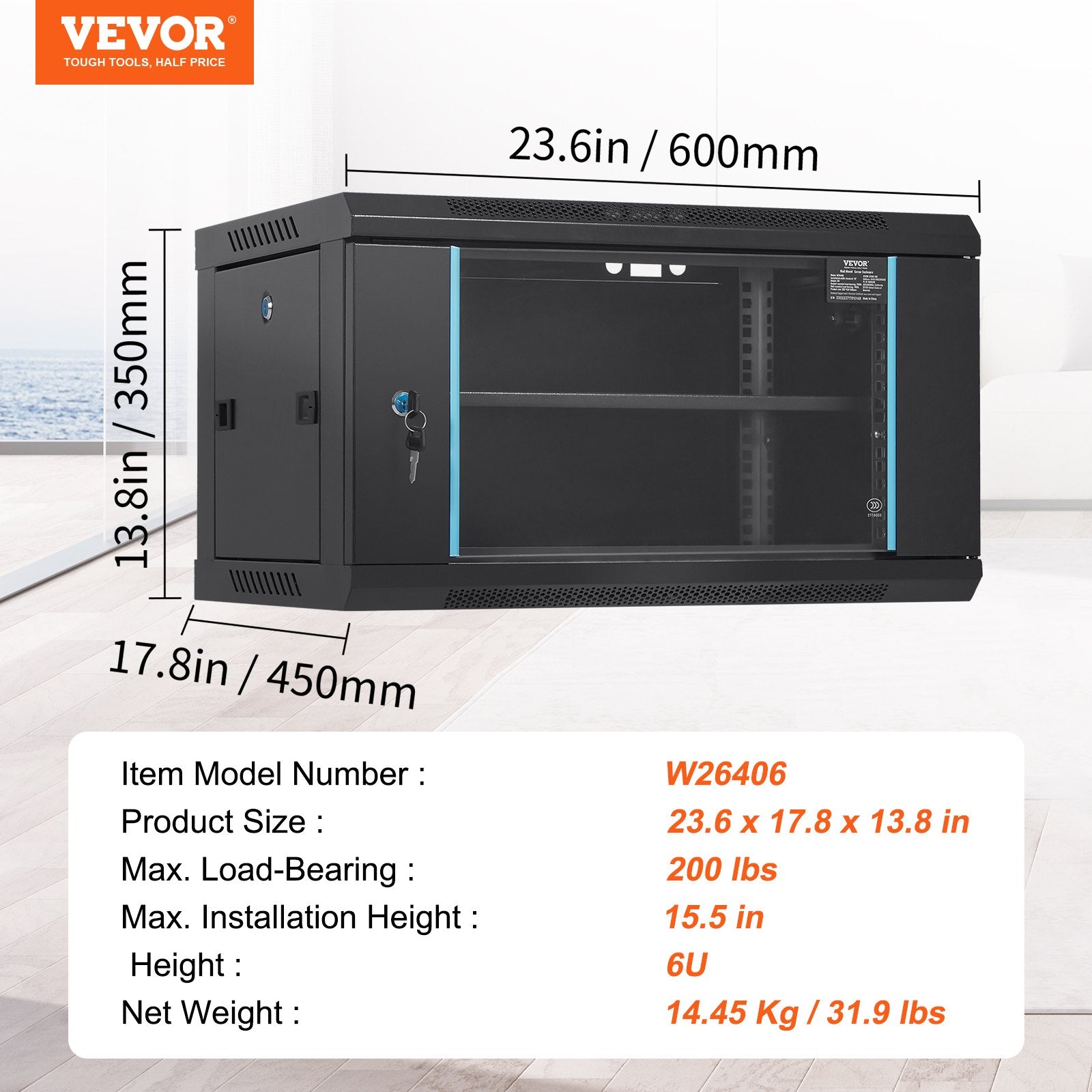 Server Cabinet 6U Wall Mount Network 15.5in Deep 200lbs Locking Glass Door