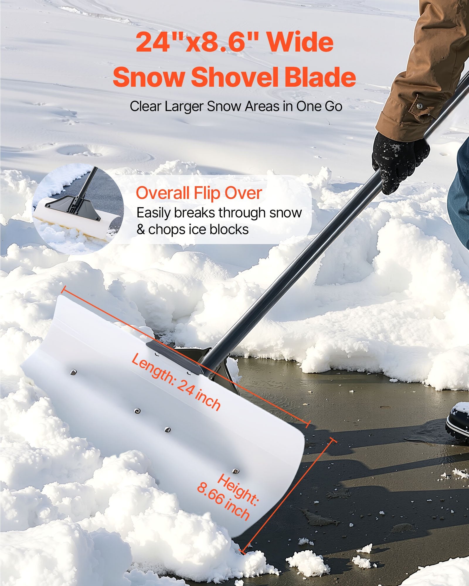 Snow Pusher Shovel 61cm Wide HDPE Plastic Blade Ergonomic Grip Segmented Handle