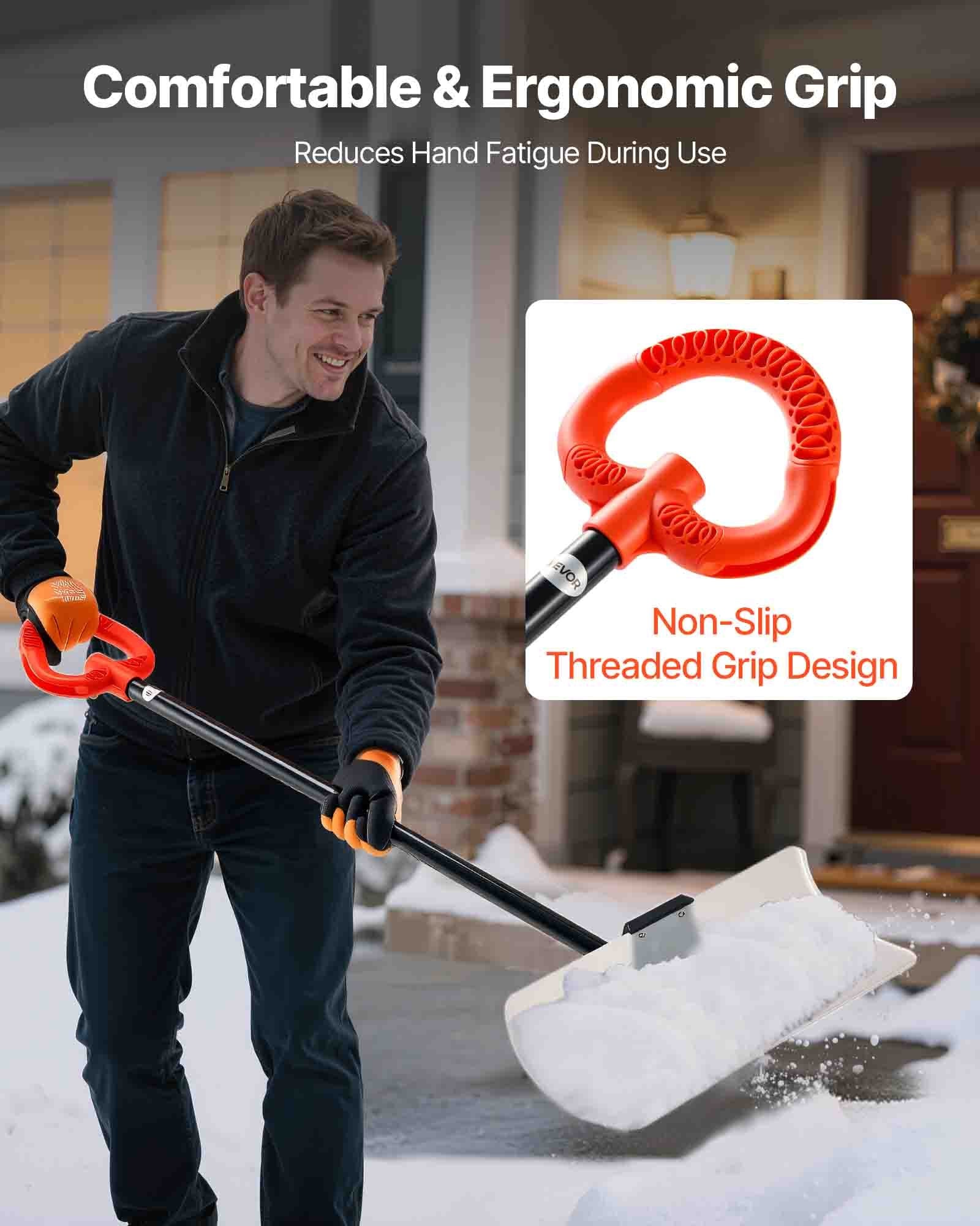 Snow Pusher Shovel 61cm Wide HDPE Plastic Blade Ergonomic Grip Segmented Handle