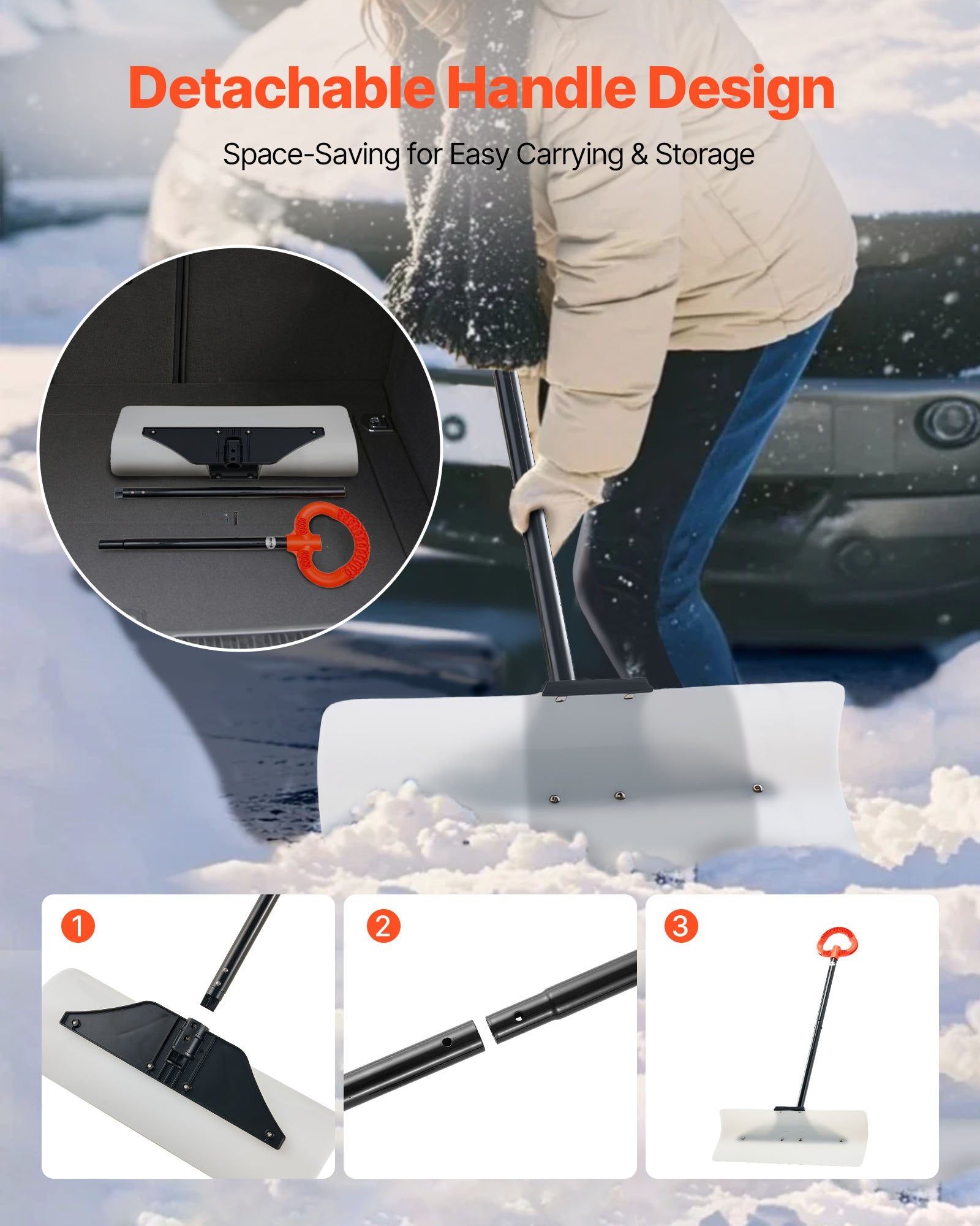 Snow Pusher Shovel 61cm Wide HDPE Plastic Blade Ergonomic Grip Segmented Handle