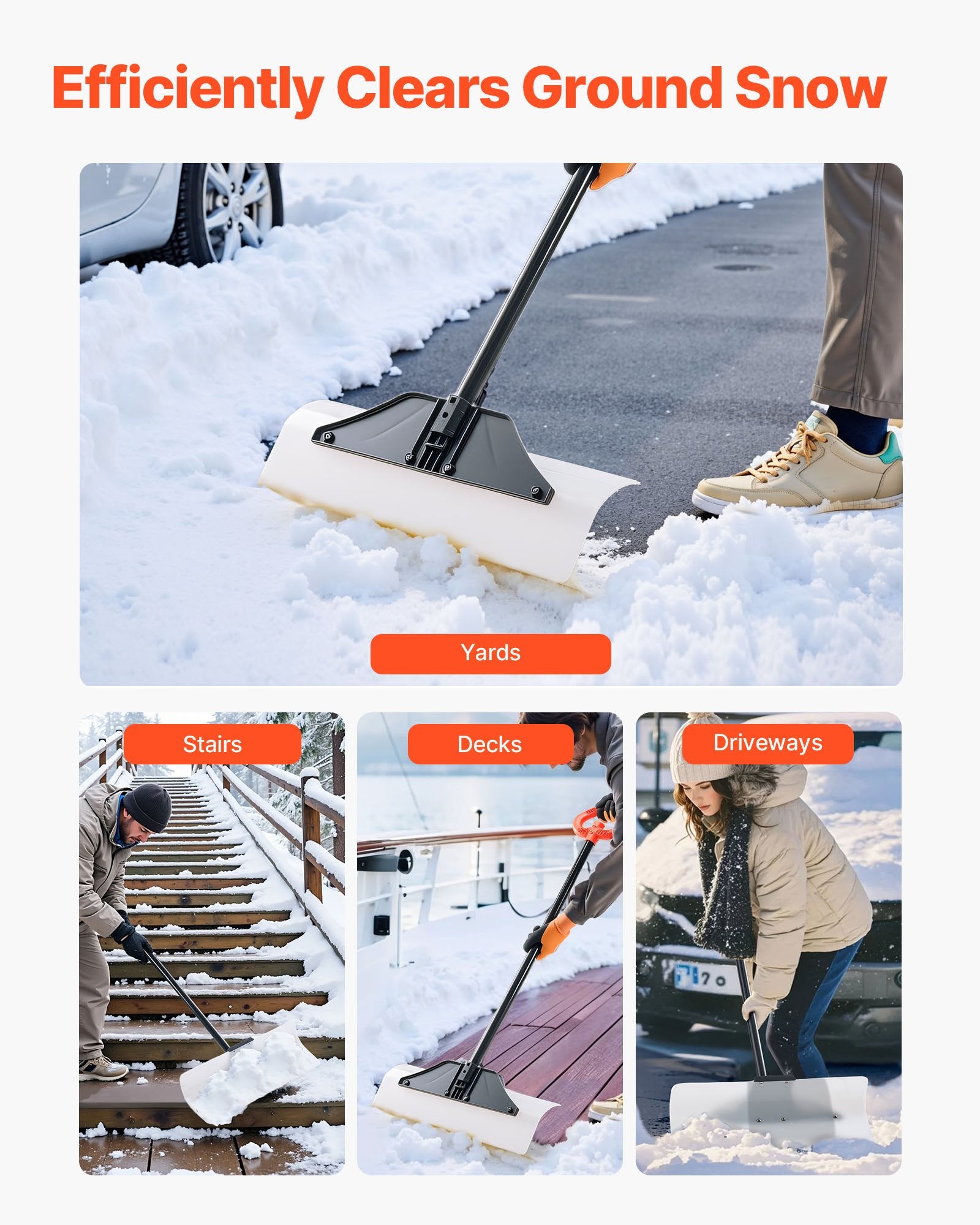 Snow Pusher Shovel 61cm Wide HDPE Plastic Blade Ergonomic Grip Segmented Handle